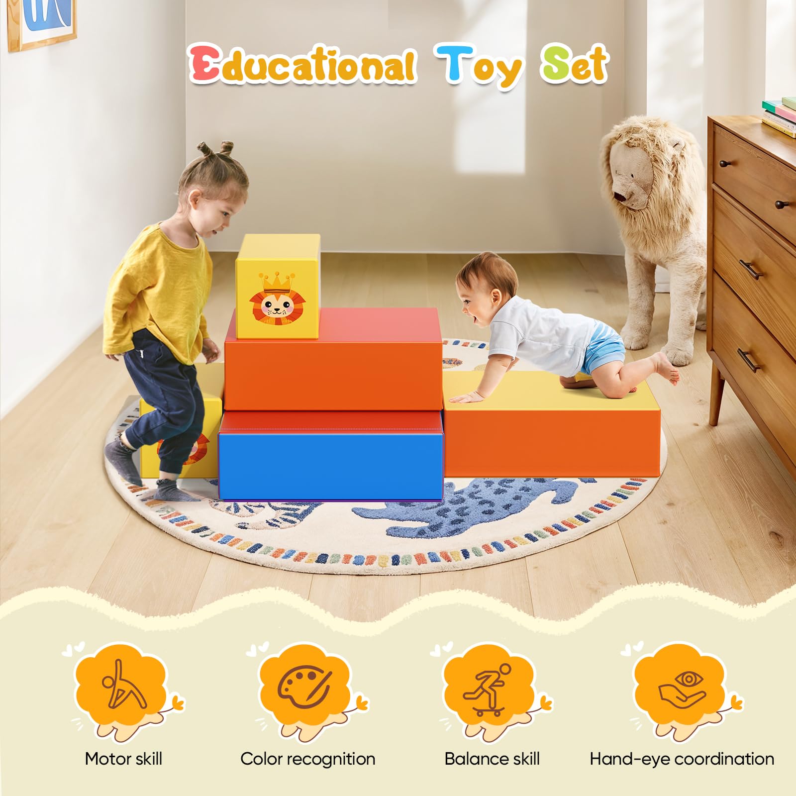 CUPCHID Blocchi da costruzione in schiuma per bambini,grandi blocchi da costruzione in schiuma giganti per bambini,giocattoli educativi prescolari per gattonare e arrampicarsi (Leone colorato-8 in 1)