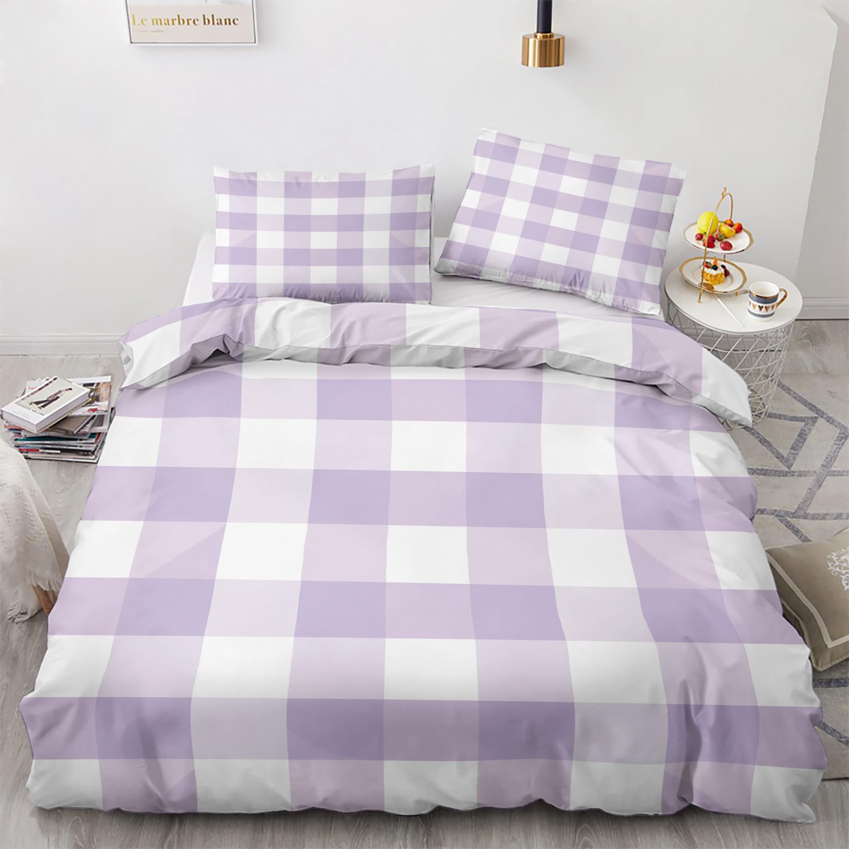 Nogawa Multicolor Plaid King Size Duvet Cover Sets - Purple Checkered Bedding Set - Reversible Quilt Cover & 2 Pillowcases With Zip And Ties, Soft And Non Iron Brushed Microfibre Bed Set 230X220