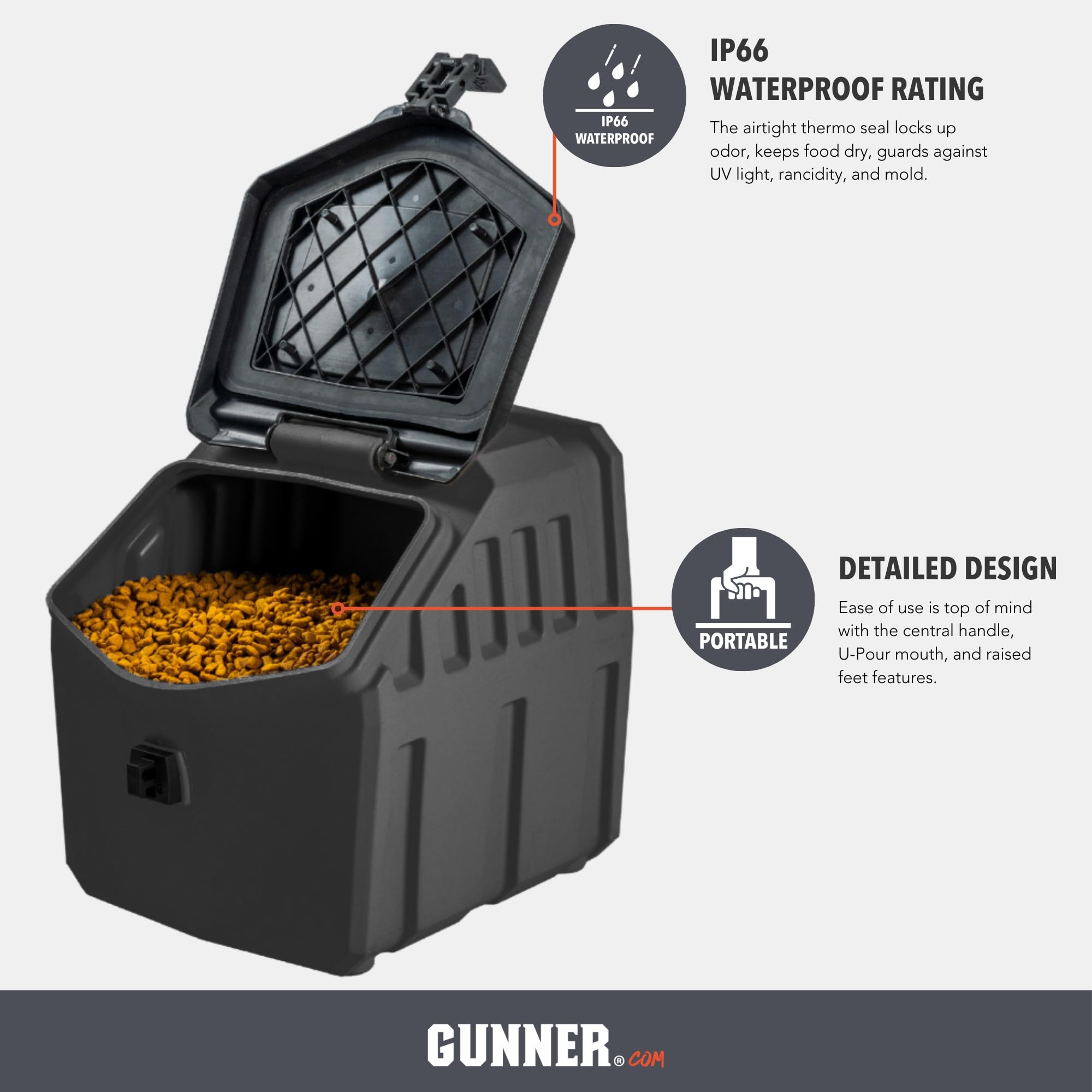 GUNNER Contenedor de almacenamiento de alimentos para perros de 30 libras, impermeable y hermético para mascotas, contenedor multiusos para alimentos secos, maíz, alimentación de pollo, golosinas,