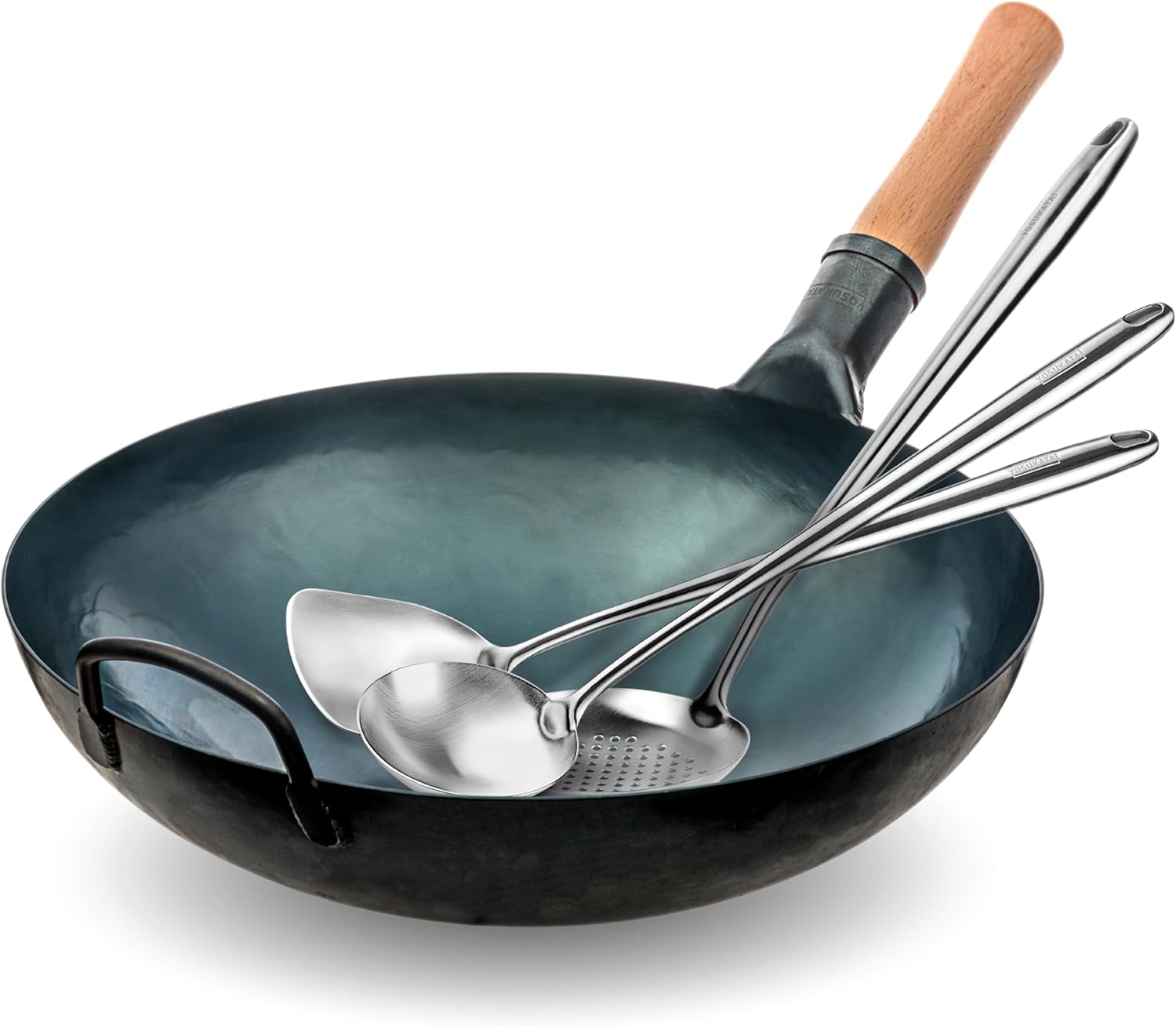 YOSUKATA Blue Round Bottom Wok Pan – 14" Woks and Stir Fry Pans PLUS 17" Wok Spatula and Ladle Skimmer Spoon - Stainless Steel Cooking Utensils Set of 3
