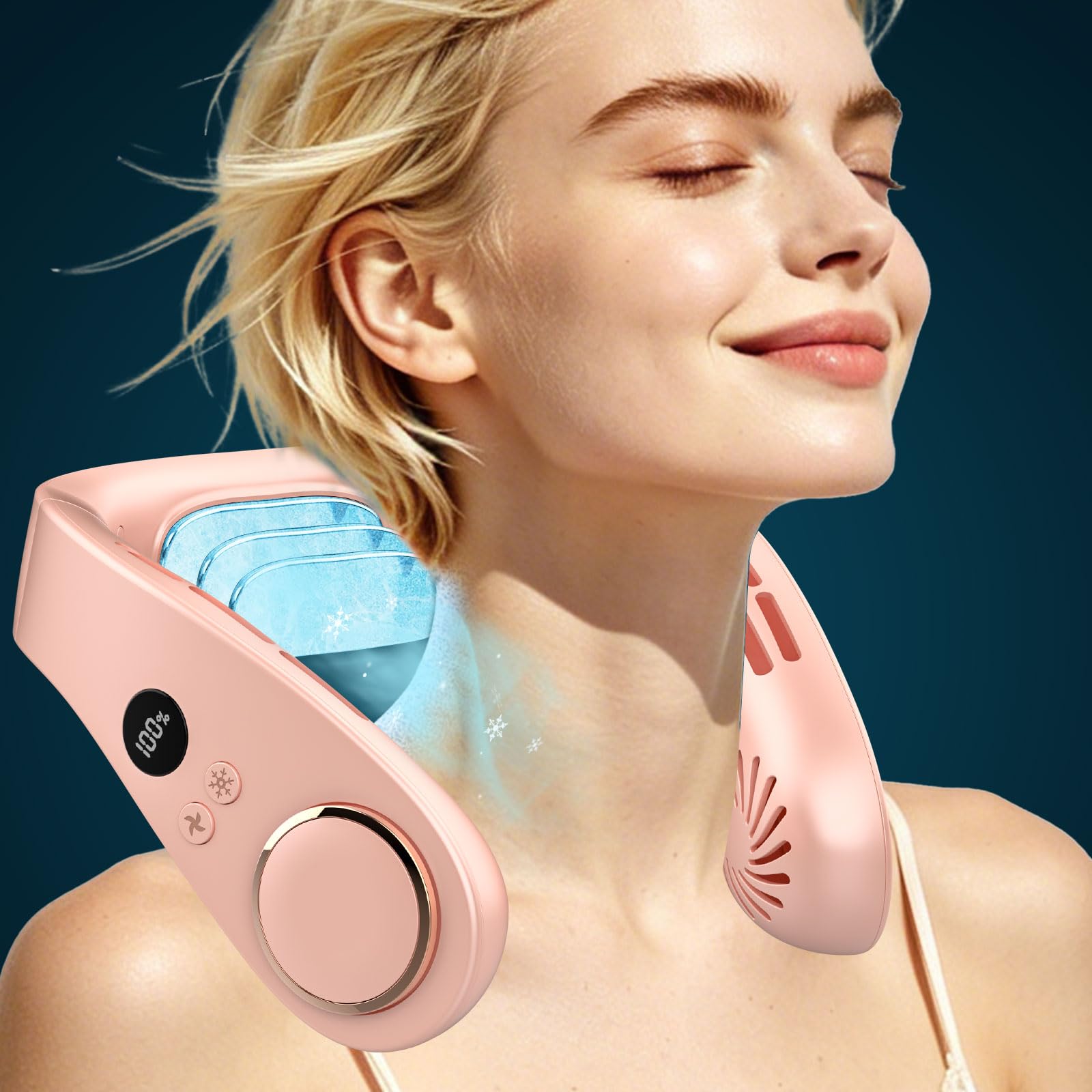 Ventilatore Portatile da Collo Silenzioso, Neck Cooler Ricaricabile con 3 Temperature a 15°C e 5 Velocità, Batteria 5500mAh Autonomia 24 Ore, Display LED, per Chi Soffre il Caldo e Sollievo Costante