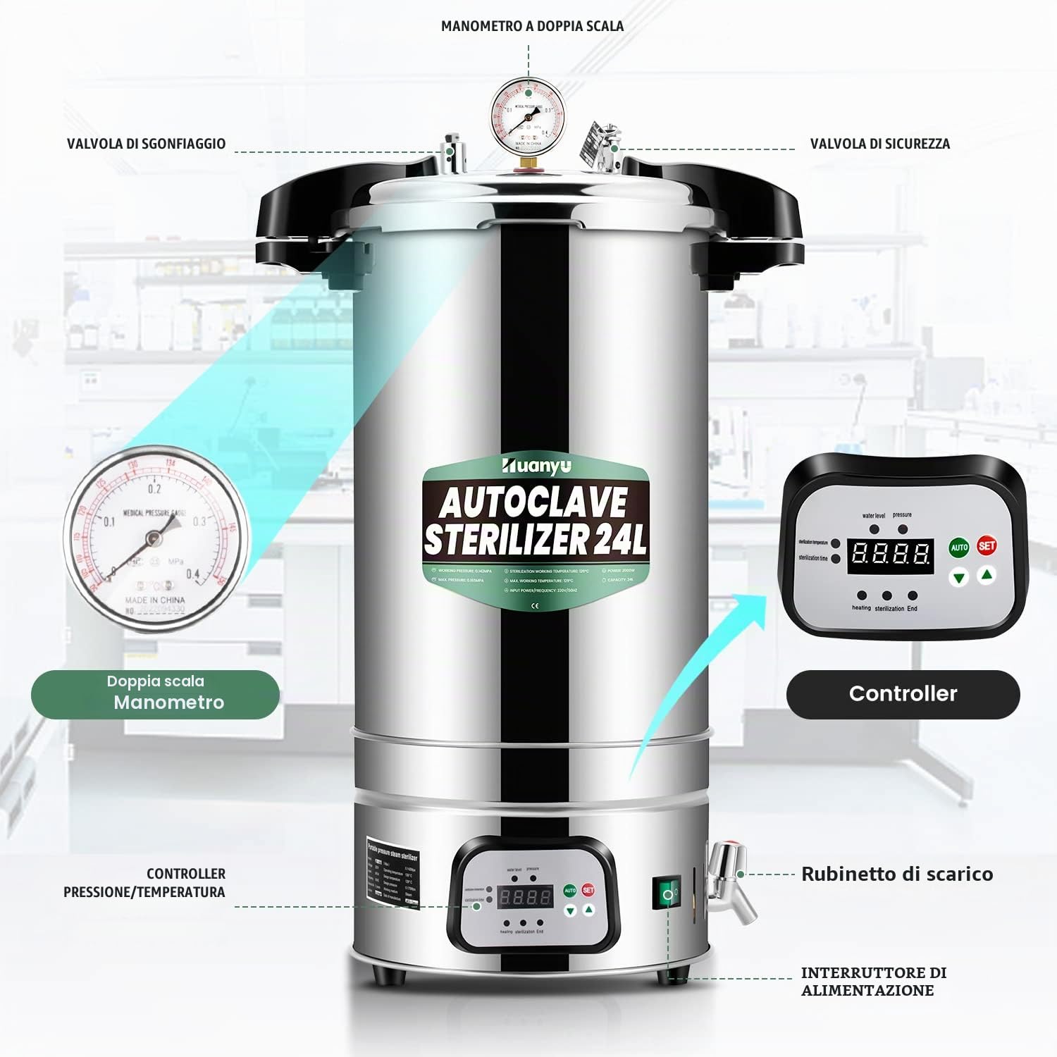 Huanyu 24L Autoclave Sterilizzatore Automatico a Vapore Controllo intelligente Laboratorio Autoclavi Elettriche Temperatura e Tempo Sterilizzatore a Vapore ad Alta Pressione Regolabile