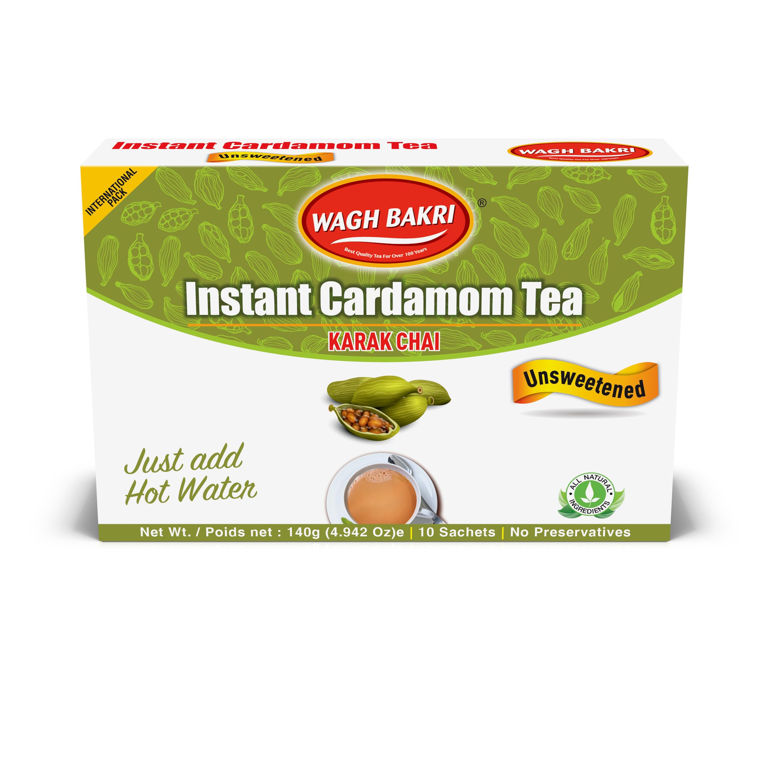 Wagh Bakri Instant Cardamom Tea, Unsweetened, No Added Sugar, 140 grams, 10 Sachets [International Pack]
