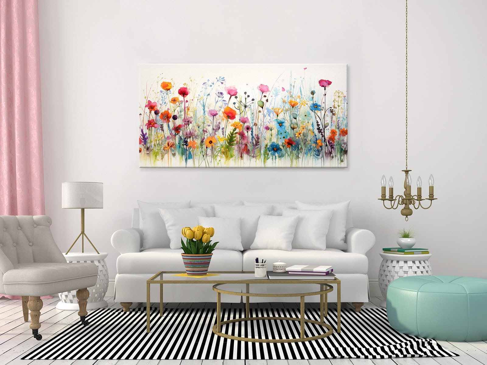 lianyibo Kolorowe polne kwiaty pole dekoracyjne naklejki ścienne | Prairie kwiaty na płótnie kwiatowy plakat botaniczny do wystroju domu (80 x 160 cm / bez ramki)