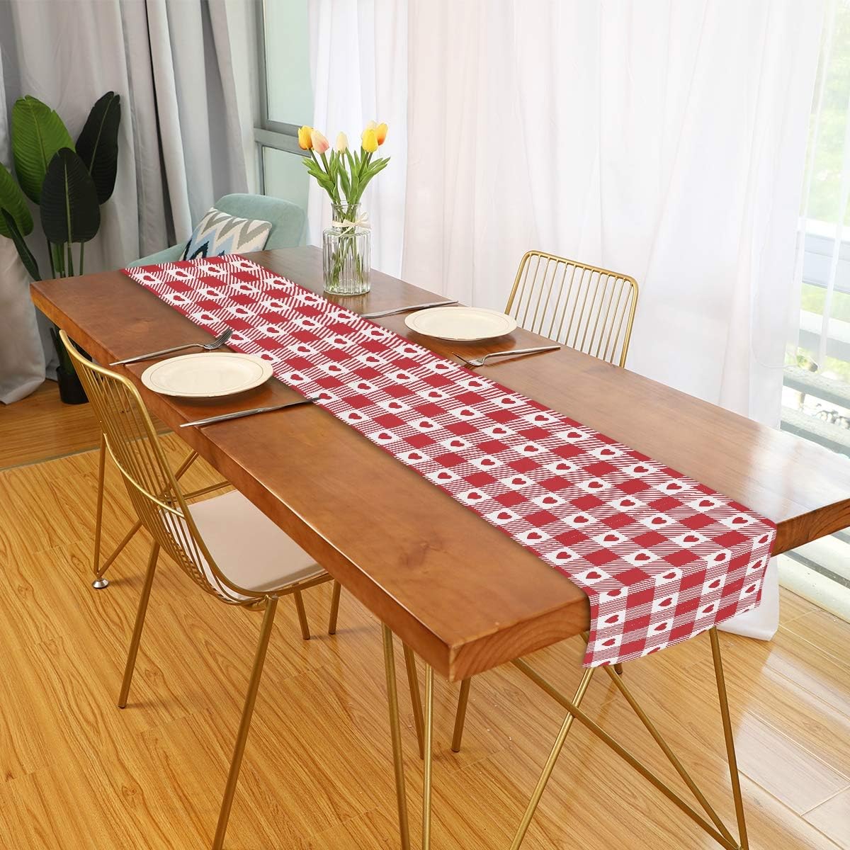 One-Day Sale: Up to 70% Off Oarencol Valentine's Day Red Heart Table Runner 13x70 inch Double Sided, Vintage Plaid Stripe Polyester Rectangle Table Cloth for Wedding Kitchen Party Dining Home Decor