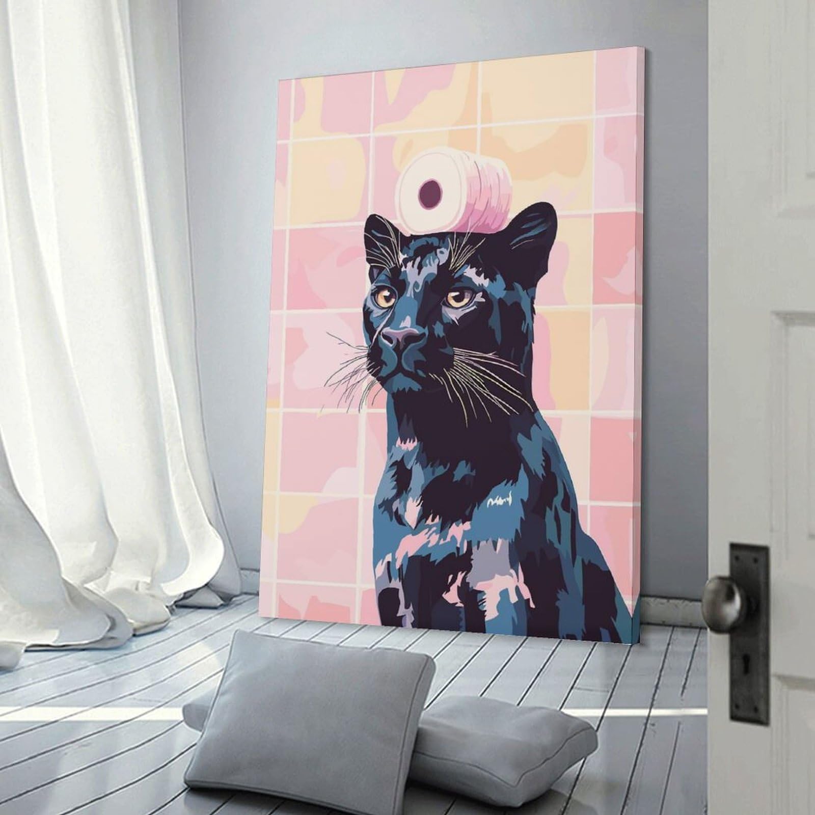 Junmoney Frame-Style-1 Black Panther With Toilet Paper Roll Decorative Wall Artwork 24X36inch(60X90cm), For Corridors, Hallways Or Apartment Entries, Home Artwork For First Impressions