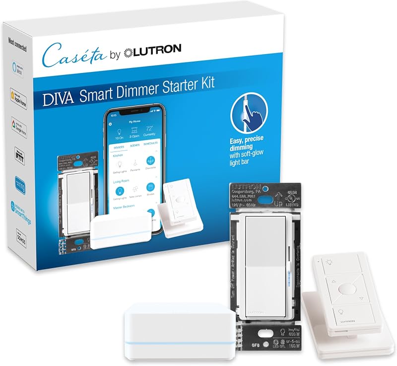 Lutron Caseta Diva Smart Dimmer Starter Kit; Dimmer, Hub, Remote, & More | Smart 3-way dimmer kit lets you add a second switch anywhere without running wire, No neutral required. DVRF-BDG-1DP-A, White
