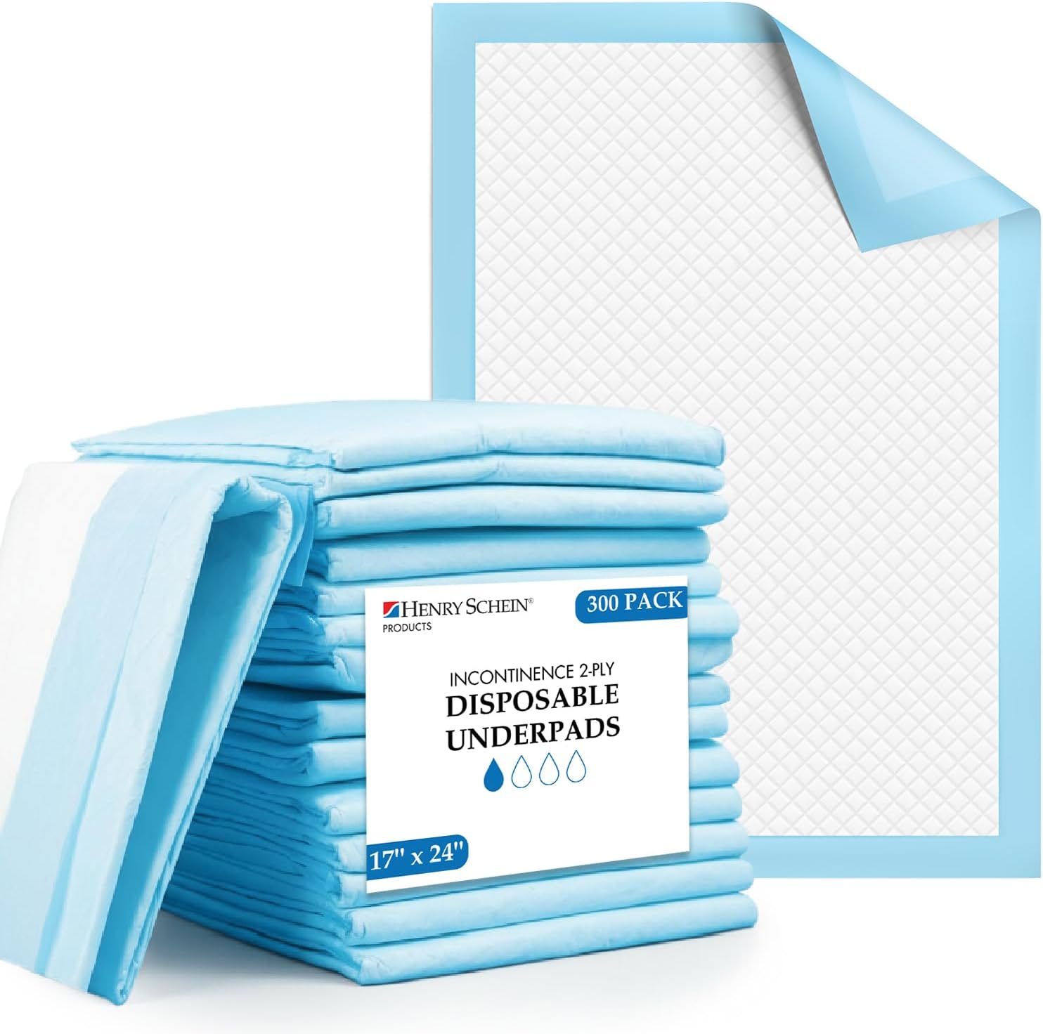 Henry Schein Disposable Underpads 17'' x 24'' (300-Count) Incontinence Pads, Bed Covers, Puppy Training | Thick, Leak Protection for Kids, Adults, Elderly | Liquid, Urine, Accidents