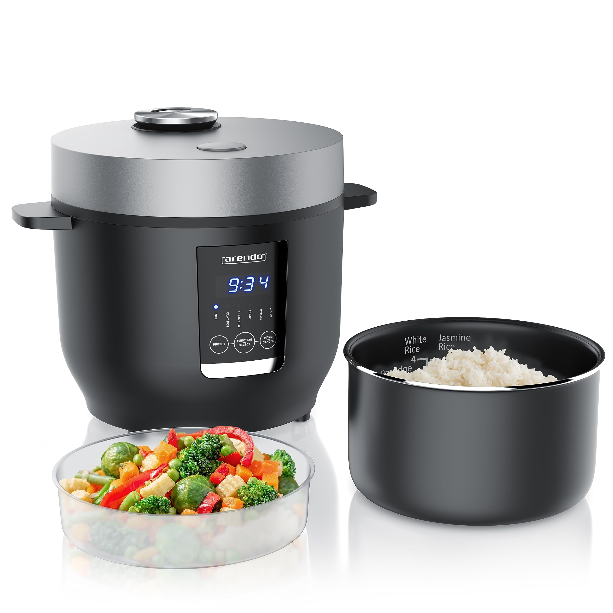 Arendo - digitaler Multikocher 2 Liter 350 Watt Multikocher mit Dampfgareinsatz und Messbecher, Reiskocher Multicooker – 5 Kochprogramme – Timer – antihaftbeschichtet – BPA-frei
