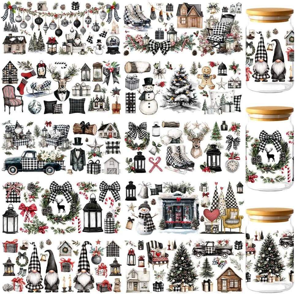 100 Pcs Winter UV DTF Cup Wraps, Christmas Elements UV DTF Rub on Transfer Sticker Waterproof Transfer Sticker Decals for 16OZ Glass Cups Water Bottle DIY Crafts