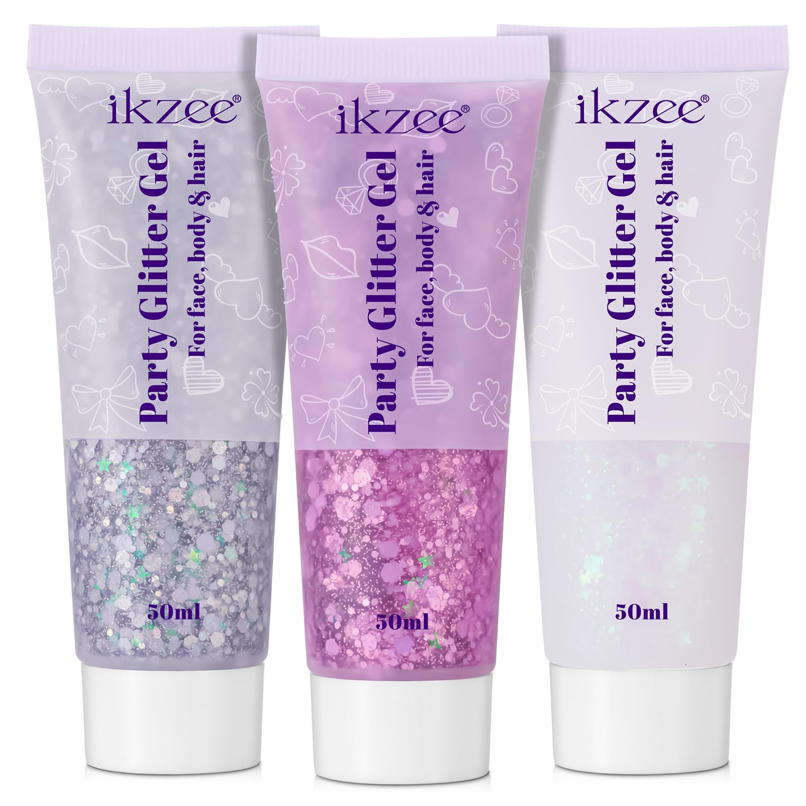 3 Stück Body Glitter Gel, Glitzer Gesicht Gel 50ml, Wasserfest & Langlebig Glitter Schminke für Festival Party, Glitzer Set Make Up für Haare/Körper/Nagel（Silber,meerjungfrau,Rosa）