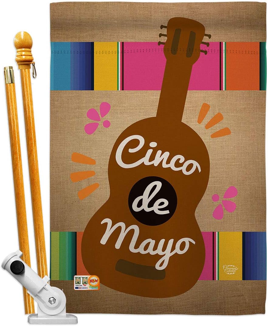 Celebrate Guitarron Cinco De Mayo House Flag Dowel Set Summertime Party Cactus Pinata Sombrero Mexican Fiesta Outdoor Small Decorative Gift Yard Banner Made In USA 28 X 40