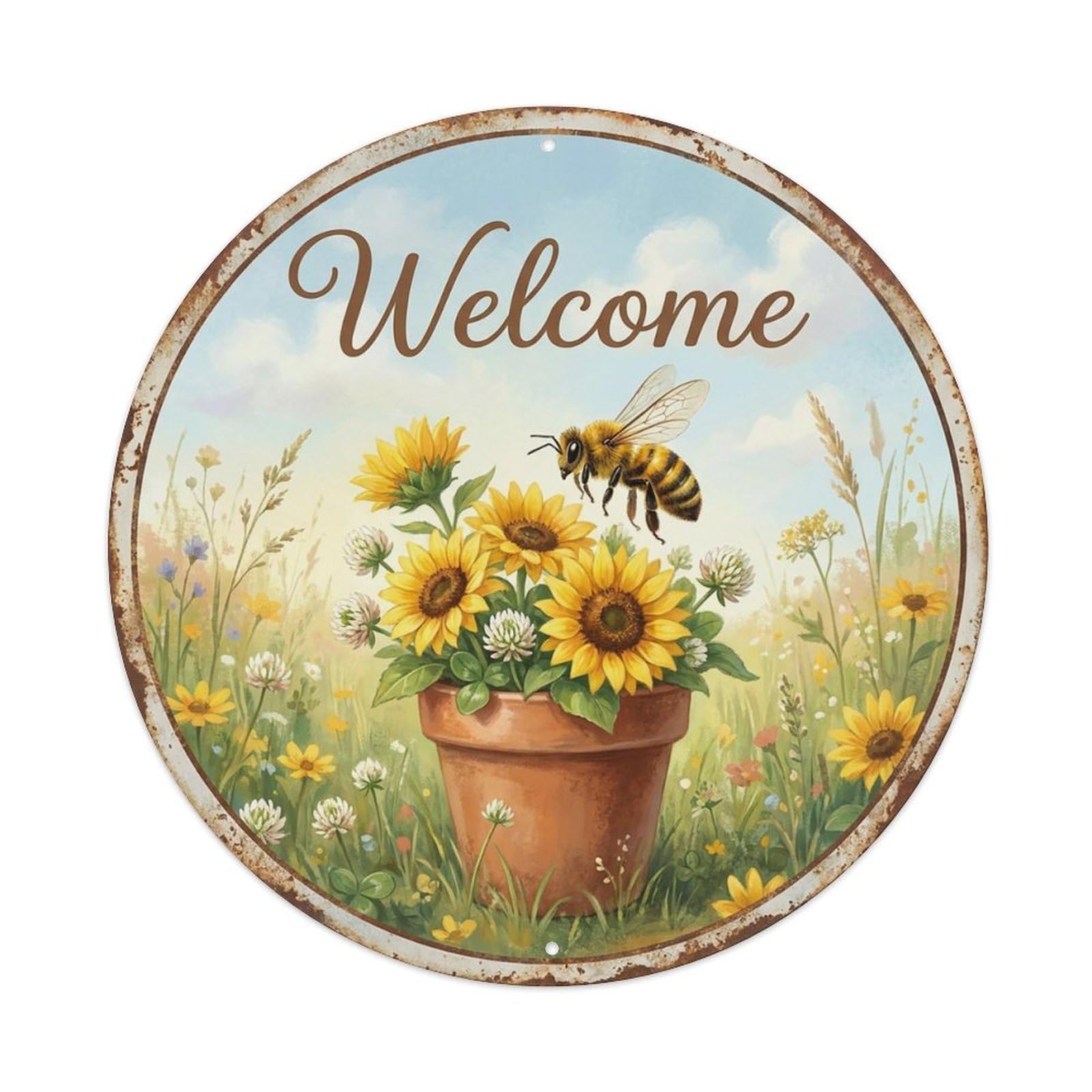 Vintage Welcome Beehive Sunflowers Vintage Metal Tin Sign Plaque Wall Decor for Cafe, Club Bar, Office, Garden Metal Poster 8x8Inch