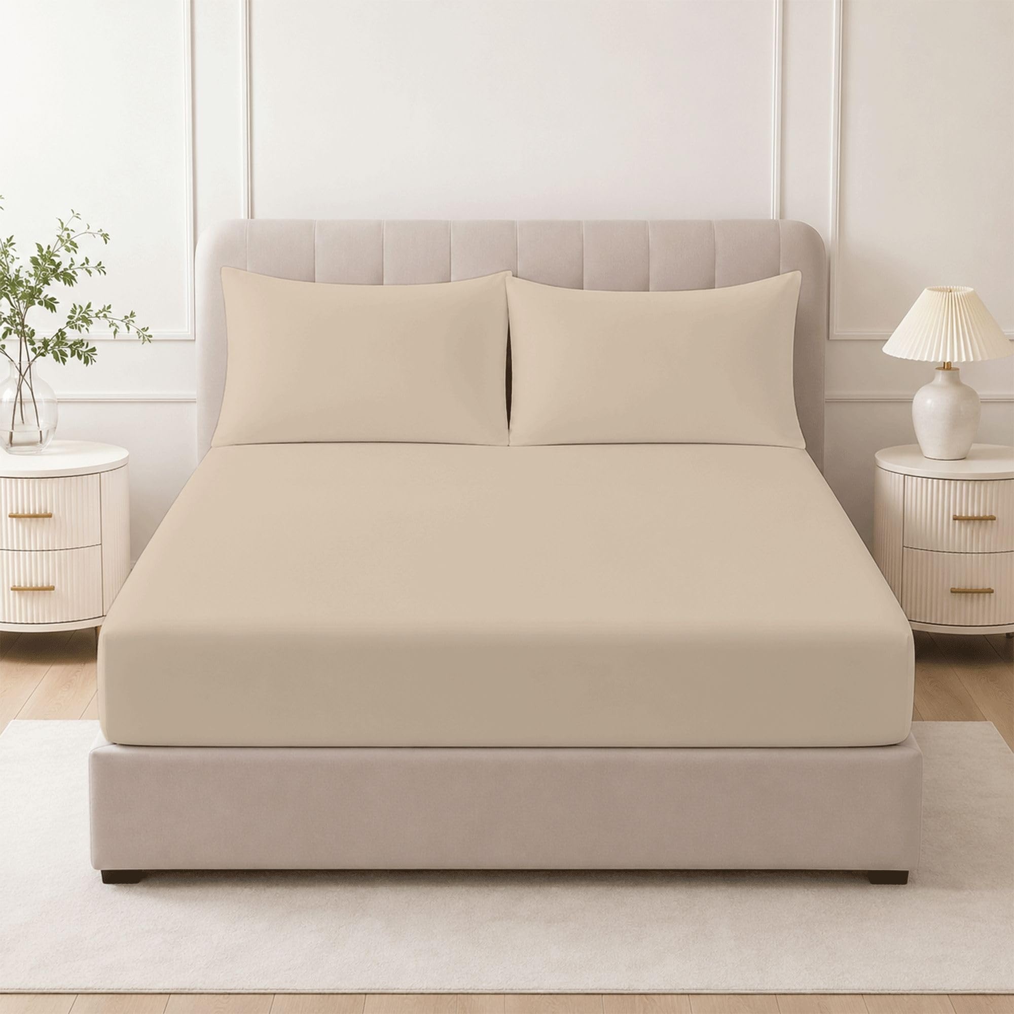 Bloombedding Beige Super King Egyptian Cotton Fitted Bed Sheet Set, 400 Thread Count Deep Pocket 25Cm Bedding With 2 Pillowcases, Luxury Cotton Bed Linen For 182X200cm Mattress