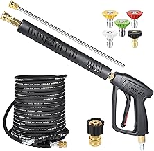 YAMATIC Long Pressure Washer Gun and Hose Kit, Rubber 50 FT Steel Braided Power Washer Hose with 3/8" Swivel Quick Connect & M22 Adapters Replacement for Troy Bilt Ryobi Simpson Craftsman, 4000 PSI