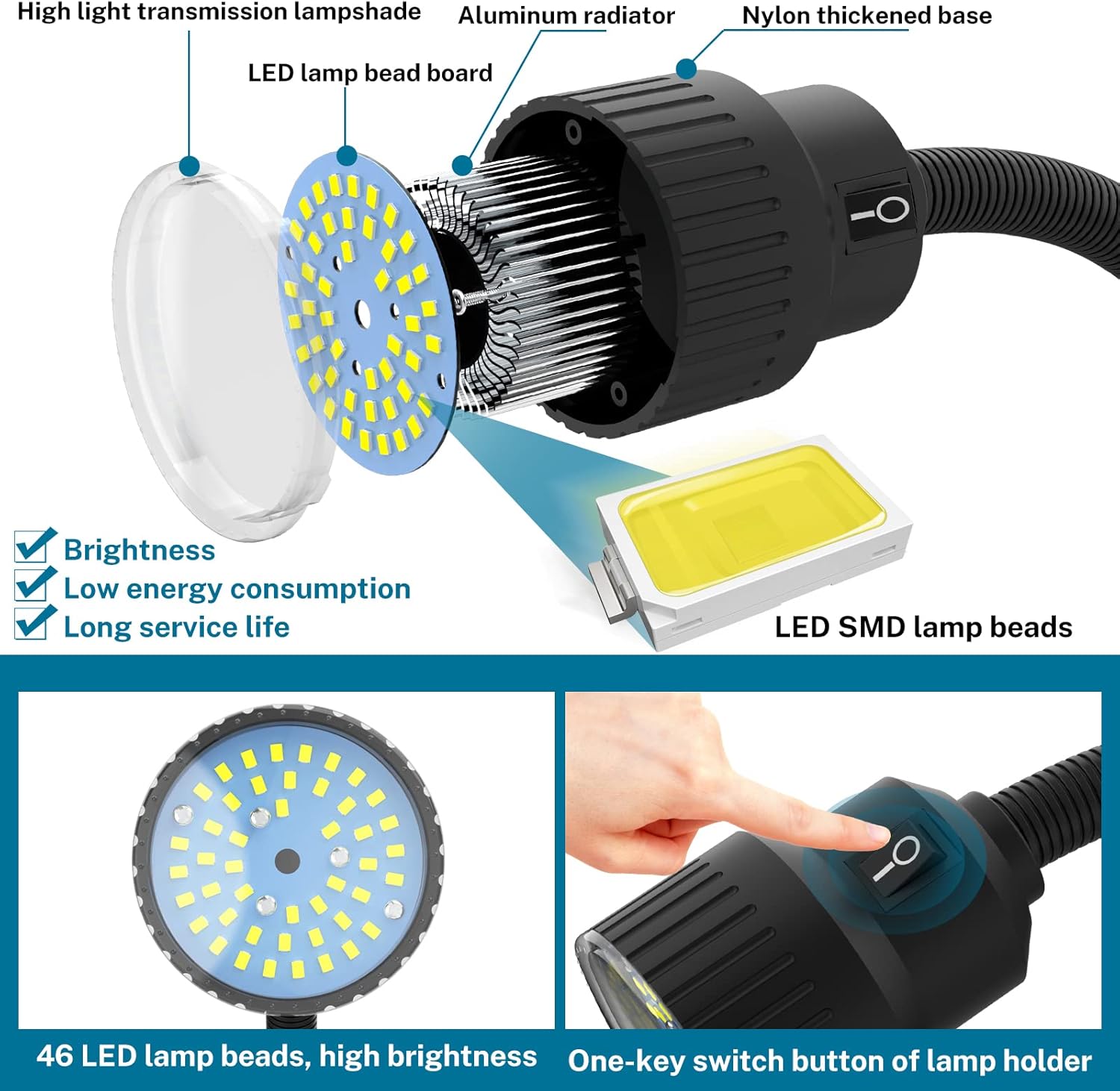 Youtemei Lathe Led Work Light Magnetic Waterproof Gooseneck Lamp Mechanic Lightwork Lights 1200 Lumens (ytm-30d-magnetic)