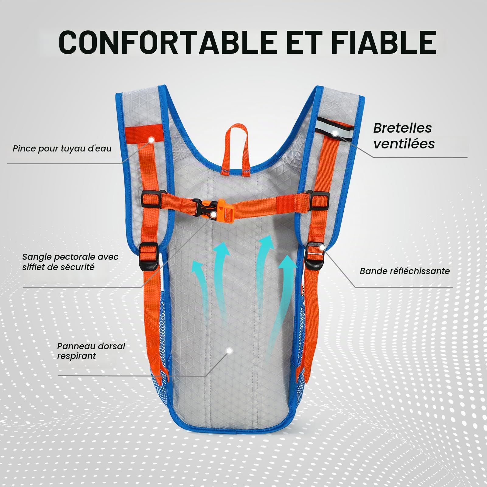 Nepest Sac à dos d'hydratation pour enfant, poche à eau de 1,5 l, bouteille d'eau respirante, avec bandes réfléchissantes et sangles réglables