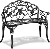 VEVOR 480 lbs Metal Garden Bench, 38.8" Outdoor Patio Bench with Backrest, Armrests, Floral Design for Park, Yard, Porch - Black