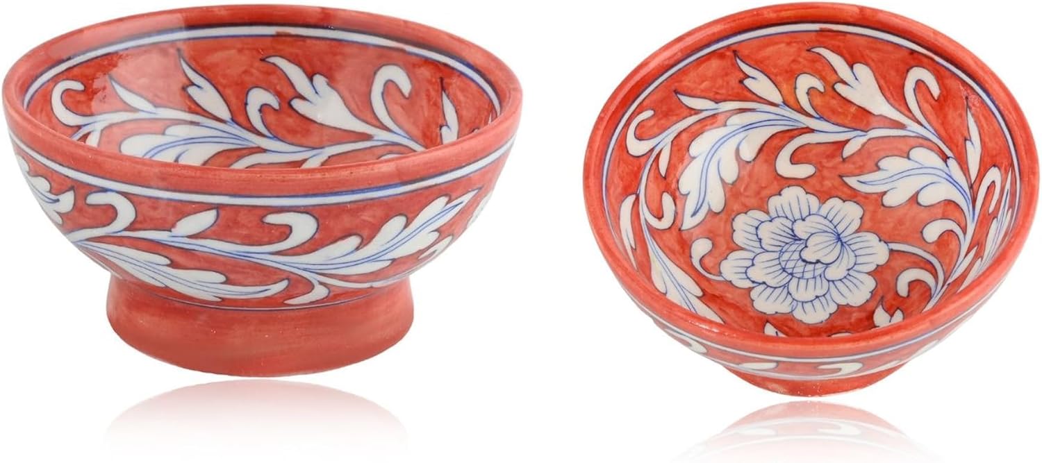 NATRIEL Rare Blue Pottery Craft Hand Painted Decorative Serving Bowl, Maroon and White Pottery, Traditional Floral Pattern, Home Decor Rare Clay Craft (Design-11, 6")