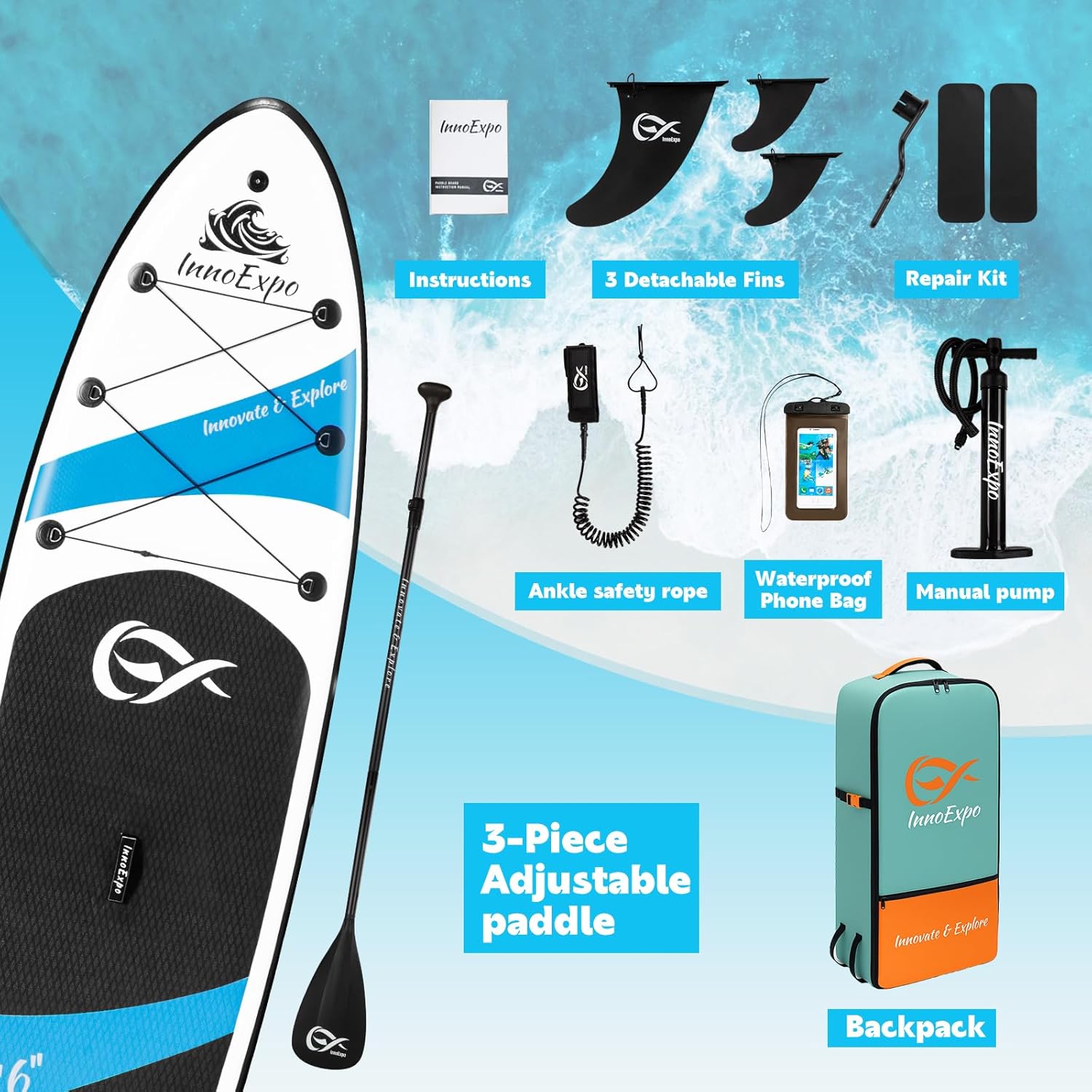 InnoExpo Inflatable Stand Up Paddle Boards with Premium Accessories, Wide Stable SUP Paddle Board Design, Non-Slip Comfort Deck for Youth & Adults - Image 7