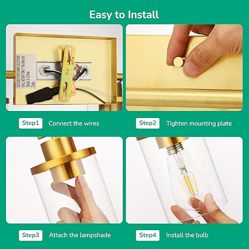 Miniatura 7 de EDISHINE Lámparas de baño, 2 luces doradas de tocador, apliques de pared modernos con pantallas de vidrio transparente para baño, tocador, tocador,