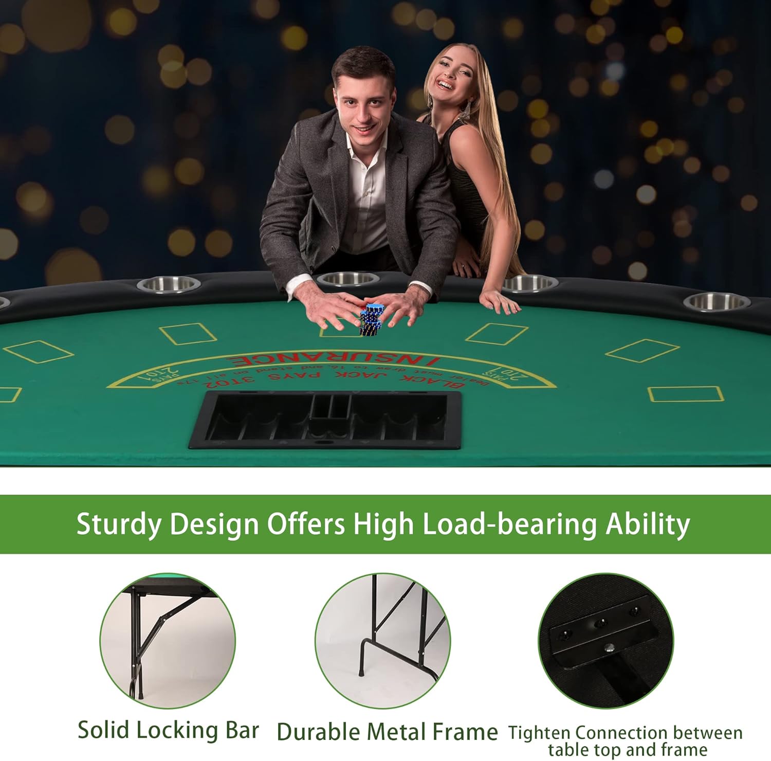 7 Player Blackjack Table with Folding Legs 71'' Casino Game Table Removable Metal Cup Holder Green Felt