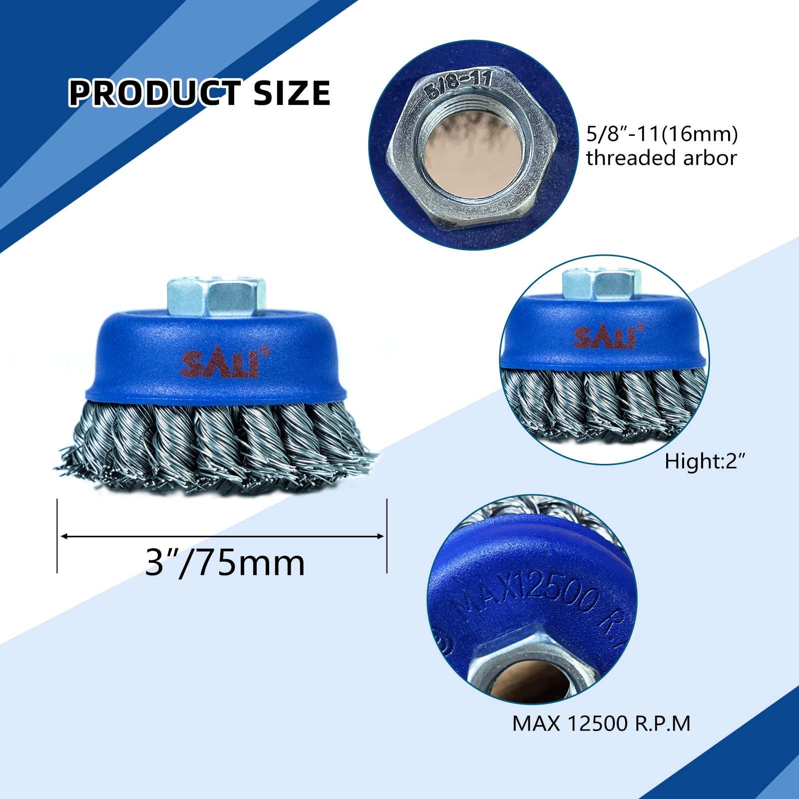 SALI Paquete de 24 cepillos de alambre para tazas, cepillo trenzado de 3 pulgadas para amoladoras, con eje de 5/8-11 pulgadas para limpieza pesada, óxido, pelado y abrasivo, para amoladora angular