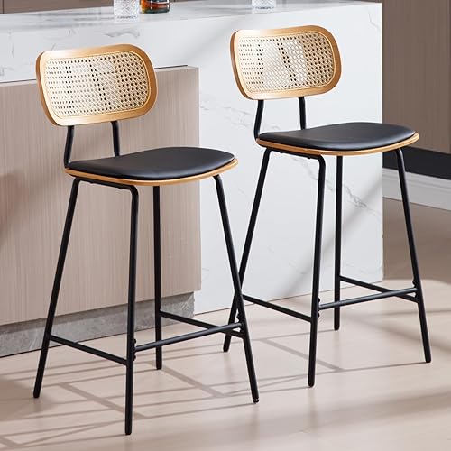 Miniatura 9 de Ya-Home Mid-Century - Juego de 2 taburetes de bar de tela Sherpa de 26 pulgadas con respaldo de ratán abierto, patas de metal, sillas de bar sin