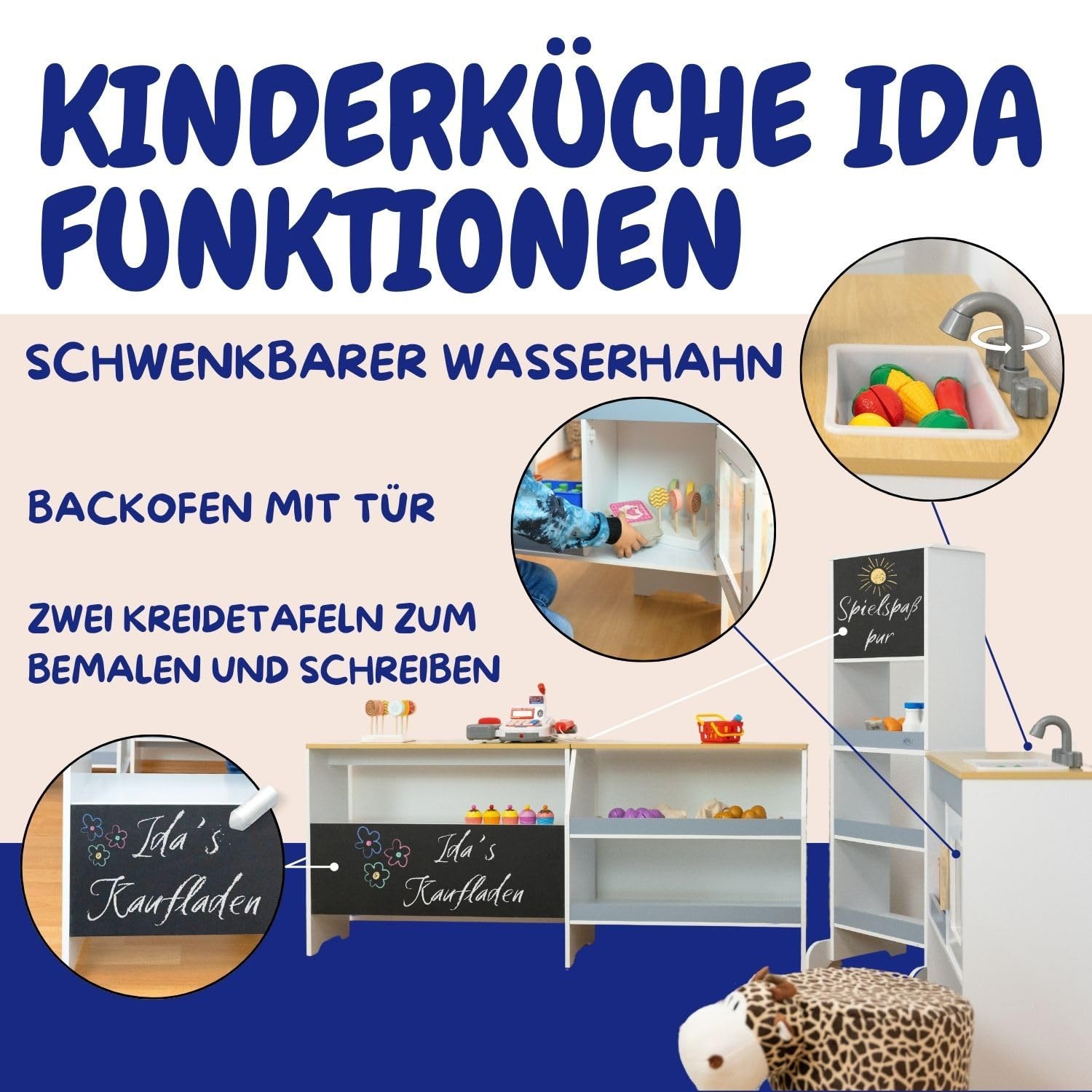 Coemo Spielküche Kaufladen Ida, grau, 4er Set mit Spülbecken | Große Kinderküche, Kaufmannsladen für Kinder, Spielzeugküche, Spielzeug und Küchenzubehör, Holzküche mit Kreidetafel