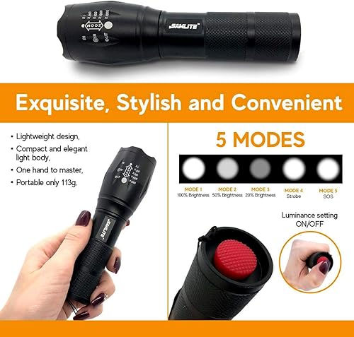 Miniatura 4 de Linterna LED de alta potencia  1200 lúmenes brillante zoom foco o reflector  5 modos  más brillante ultra ligero, tamaño de bolsillo, impermeable,