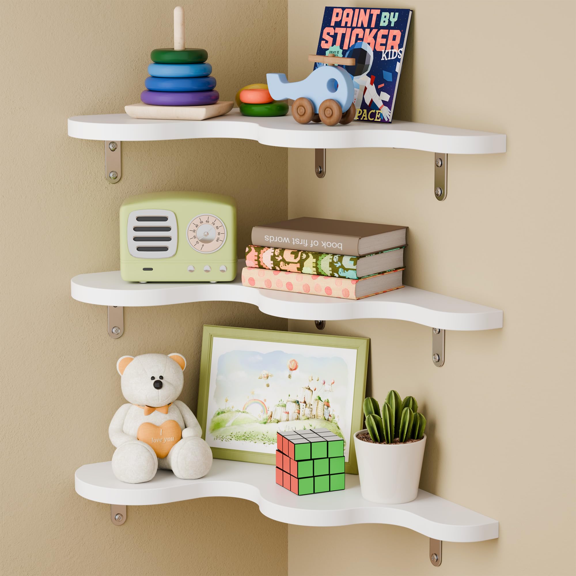 WOPITMER Cute Cloud Shelf Set of 3 - Wavy Floating Corner Shelves Wall Mounted, Corner Shelf Floating with Brackets, Nursery Shelves for Wall Decor,