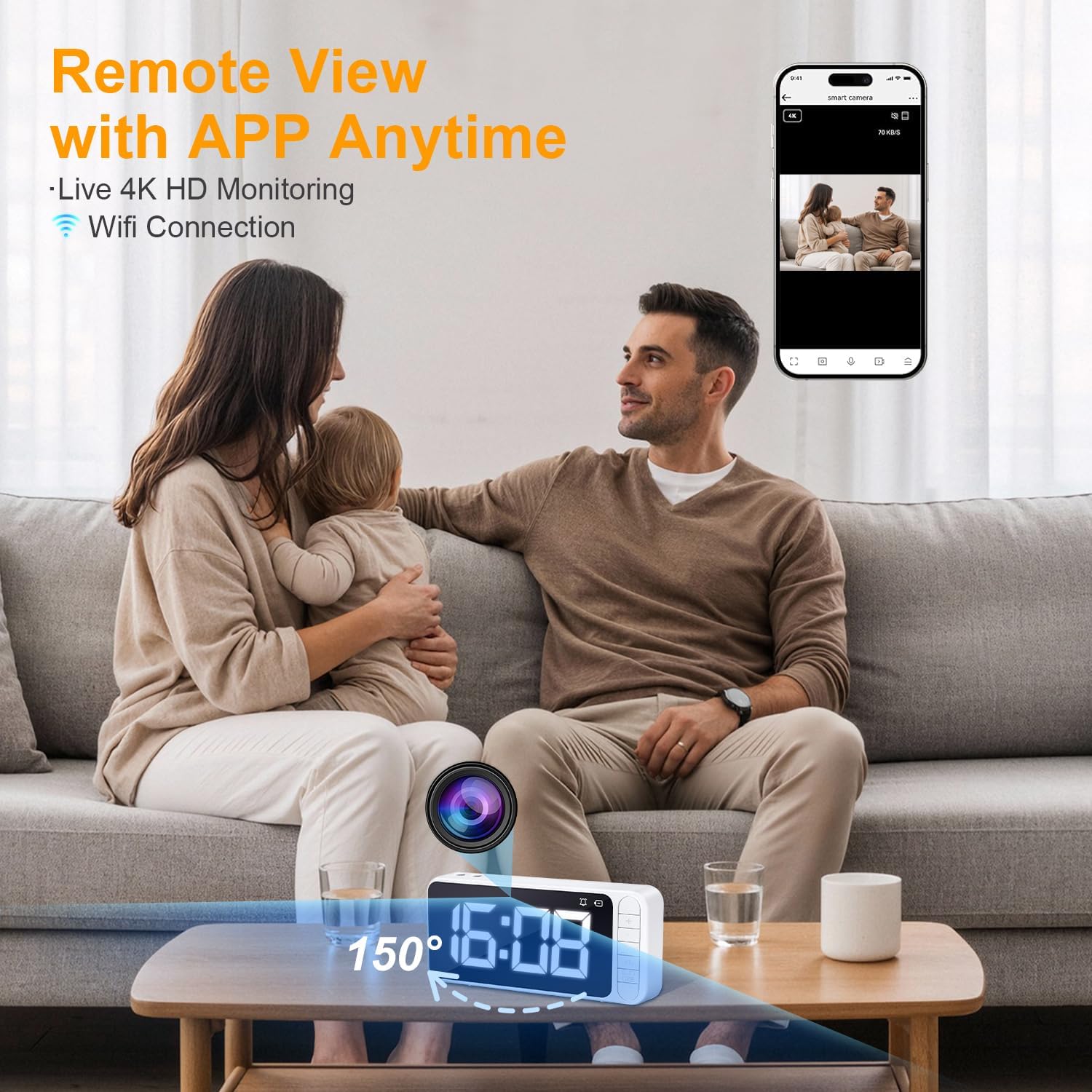Magnetic Hidden Camera Clock - WiFi Wireless 4K HD Nanny Cam with Wide-Angle 150°, Clear Night Vision & Smart Motion Detection, Indoor Hidden Camera for Home Security, Office, Pet, App Remote Control image 2