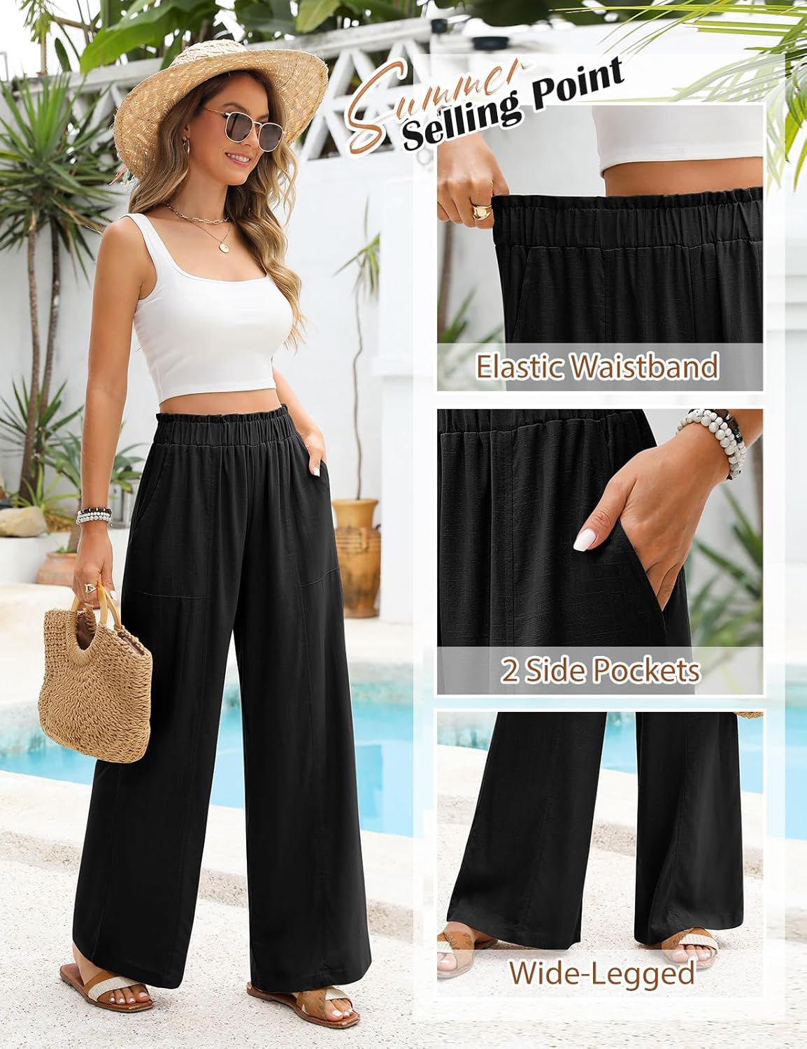 Women's Linen Palazzo Pants Summer Flowy Wide Leg Trousers Elastic Waist Casual Boho Pants Vacation Outfits 2026 - Image 4