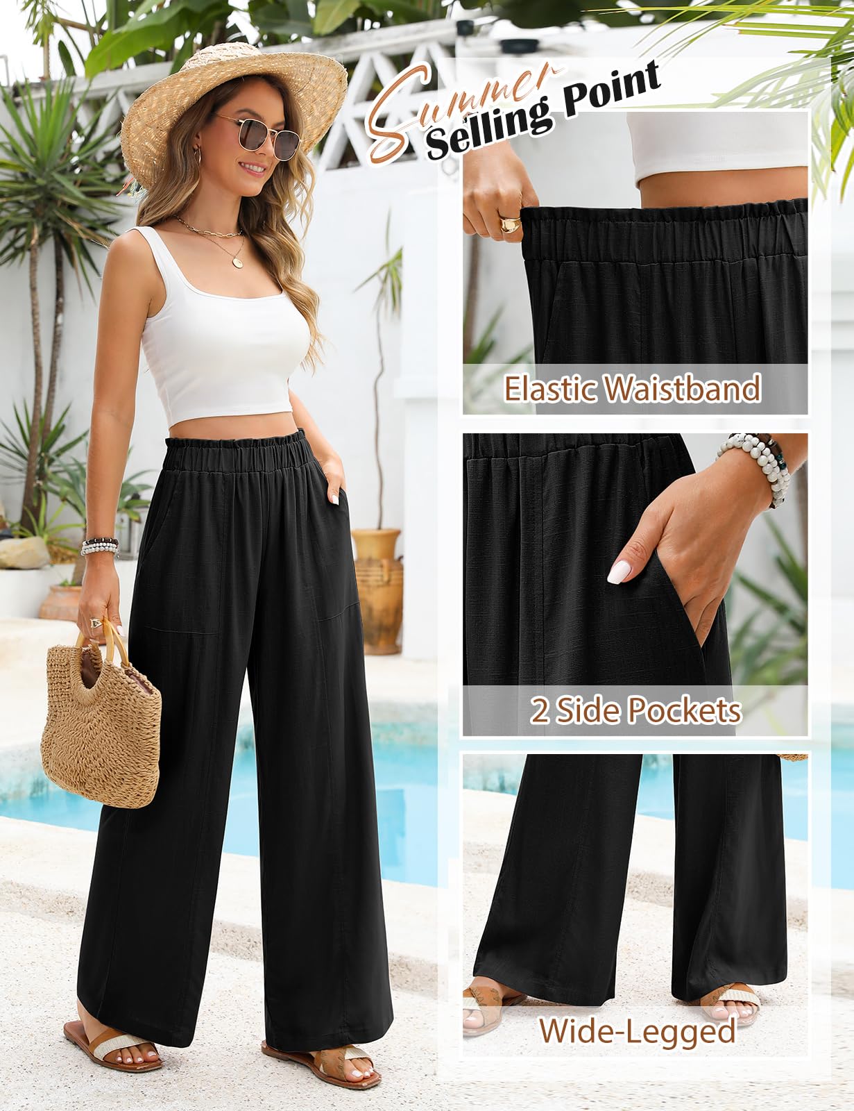 Niwicee Pantalones Lino Mujer Verano Anchos Cintura Alta Elásticos Largos Pierna Ancha Casuales Ligeros con Bolsillos