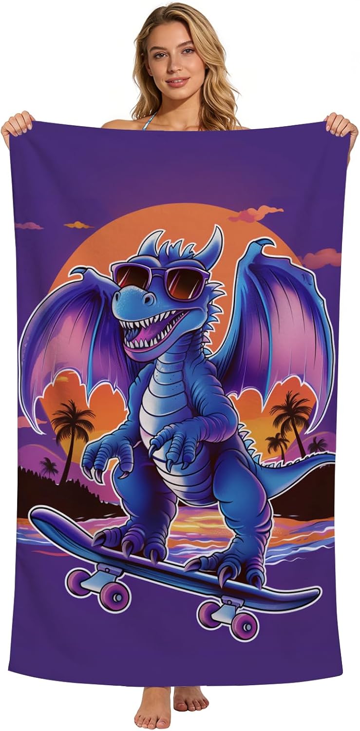Dragons Beach Towel Blue Dragons Skateboarding Patterned Bath Towel for Kids Adults, Lightweight Quick Dry Purple Orange Sunset Palm Tree Surf/Swim/Pool/Travel Towels, Oversized 32x52