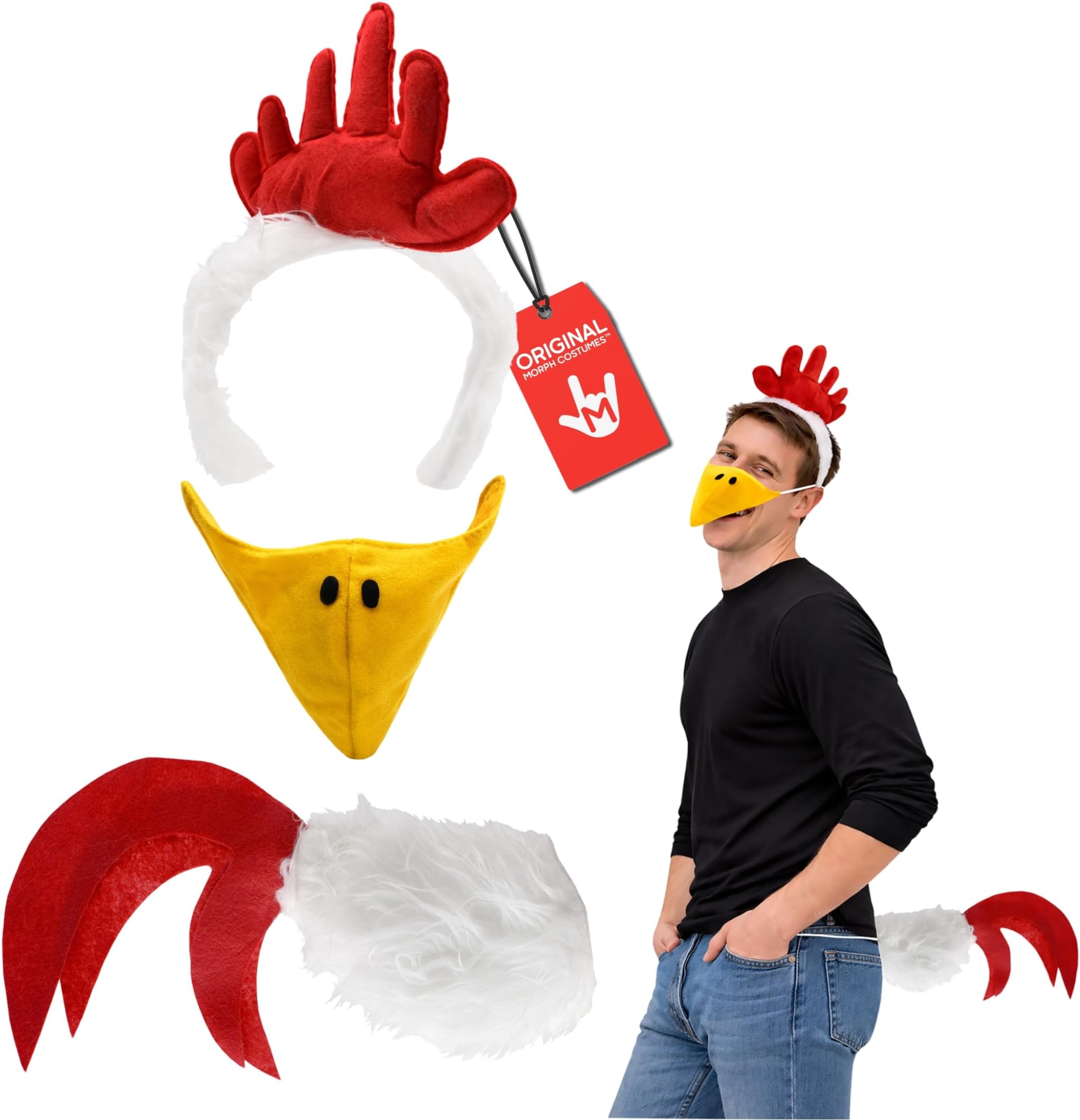 Nicky Bigs Novelties Adult White Rooster Chicken Costume Kit - Fuzzy Headband Tail Beak Nose Mask Costume Accessory Set, Multi-Color, One Size