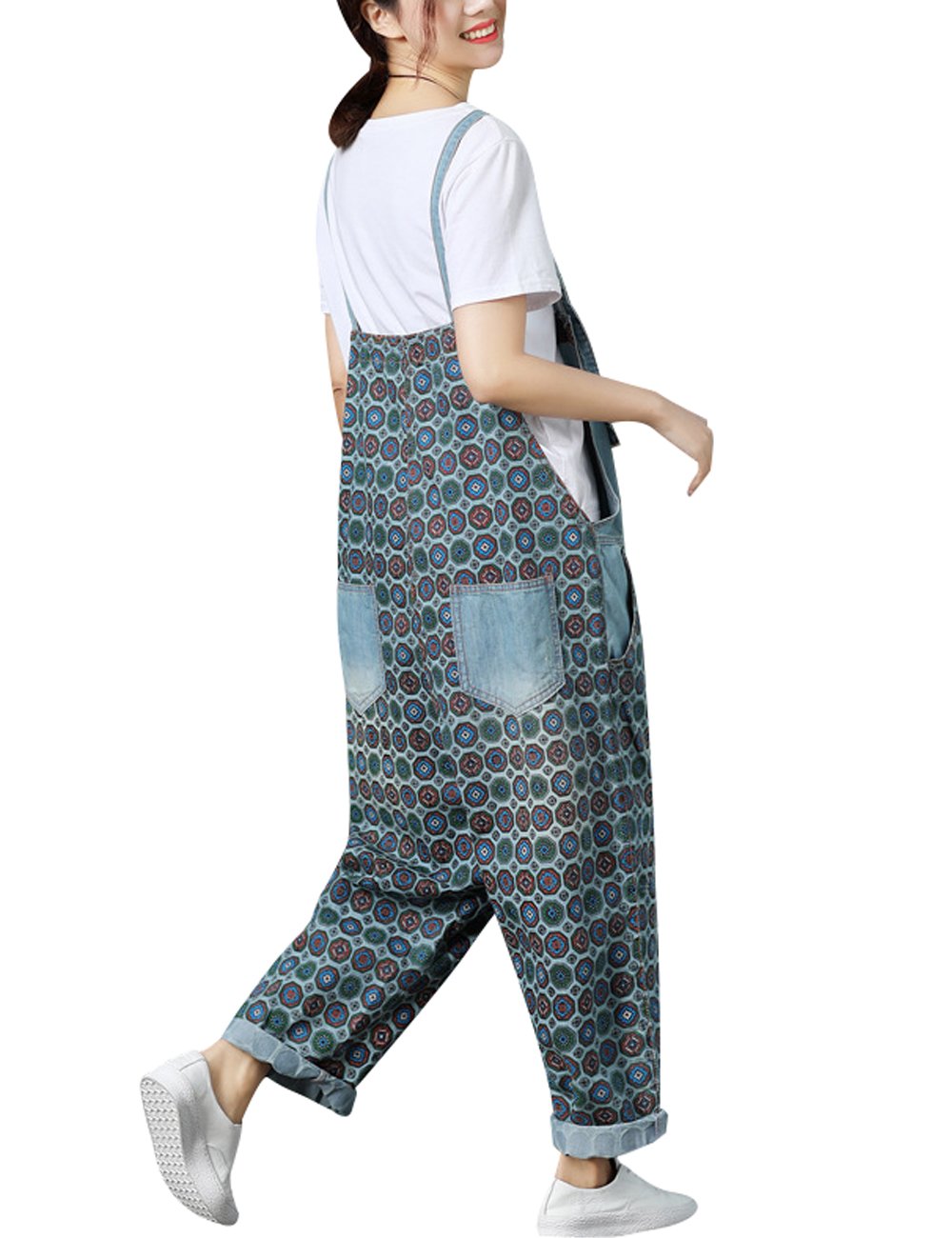 Youlee Femmes Imprimé Combinaisons à bretelles Barboteuses occasionnelles Denim Salopette