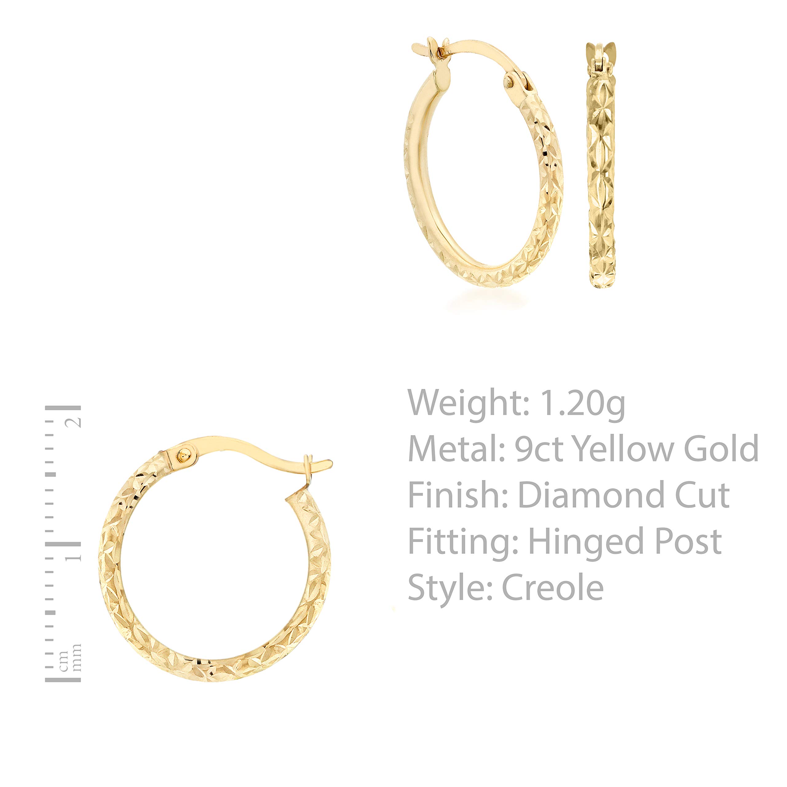 Carissima damskie 9-karatowe złote diamentowe szlifowane okrągłe kolczyki kreolskie, 16 mm, Żółte złoto, Gładki