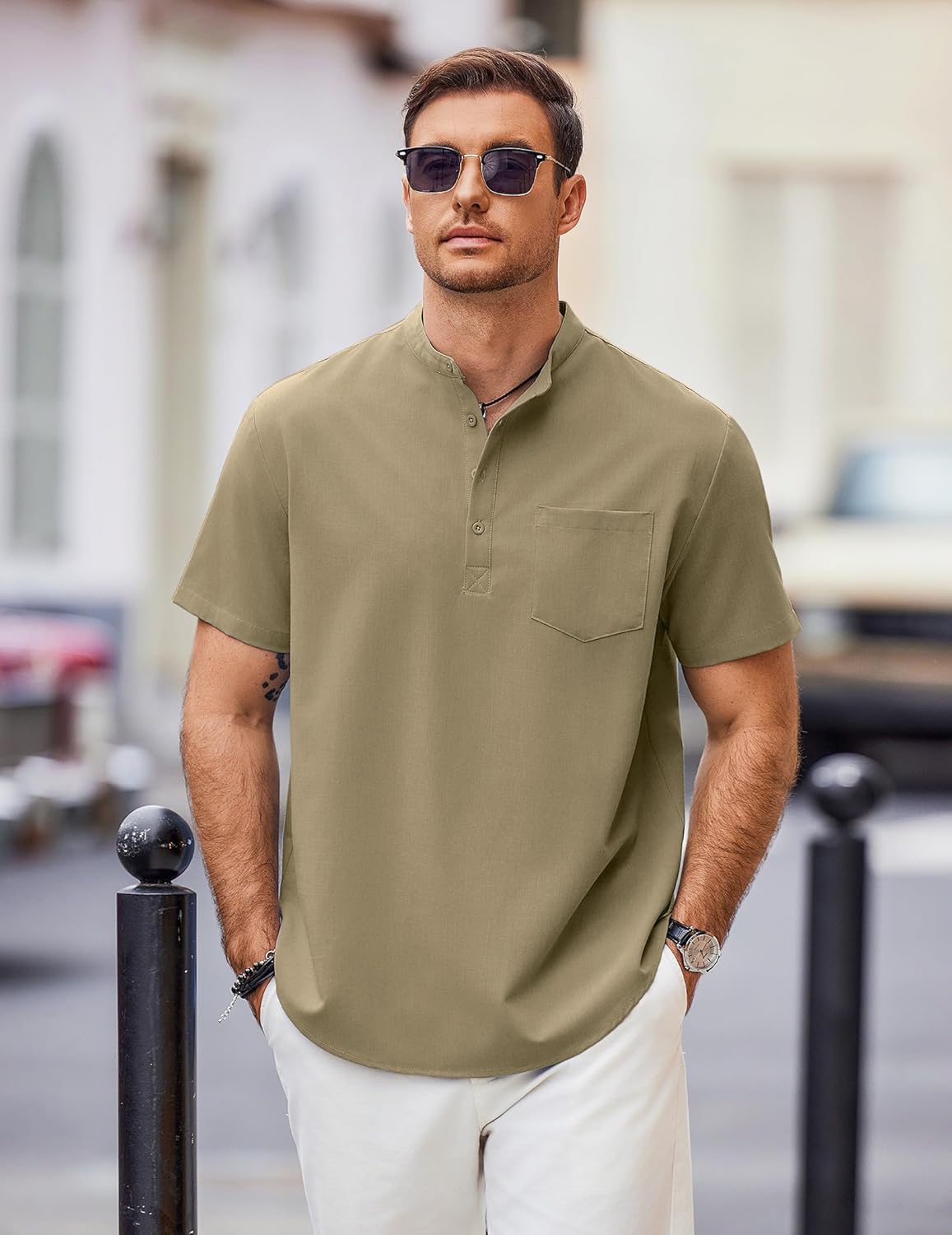 COOFANDY Mens Casual Henley Shirts Summer Short Sleeve T-Shirts Band Collar Beach Hippie Stylish Shirt - Image 2