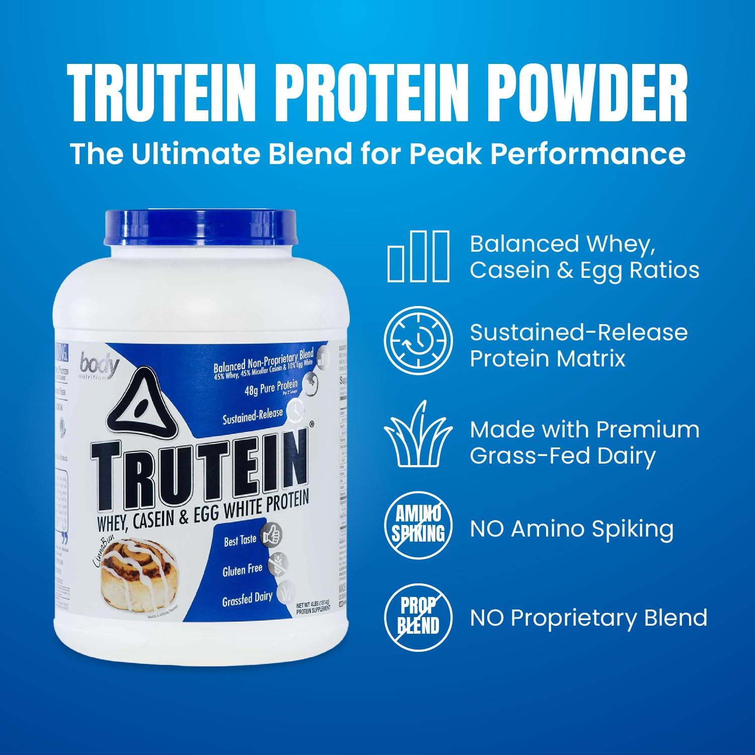 Body Nutrition Trutein High Protein Powder: 45% Whey, 45% Casein, 10% Egg White, Gluten-Free, Low Sodium, Grass Fed Whey Protein Powder, Gym Supplement & Breakfast Shake, Cinnabun, 4lb