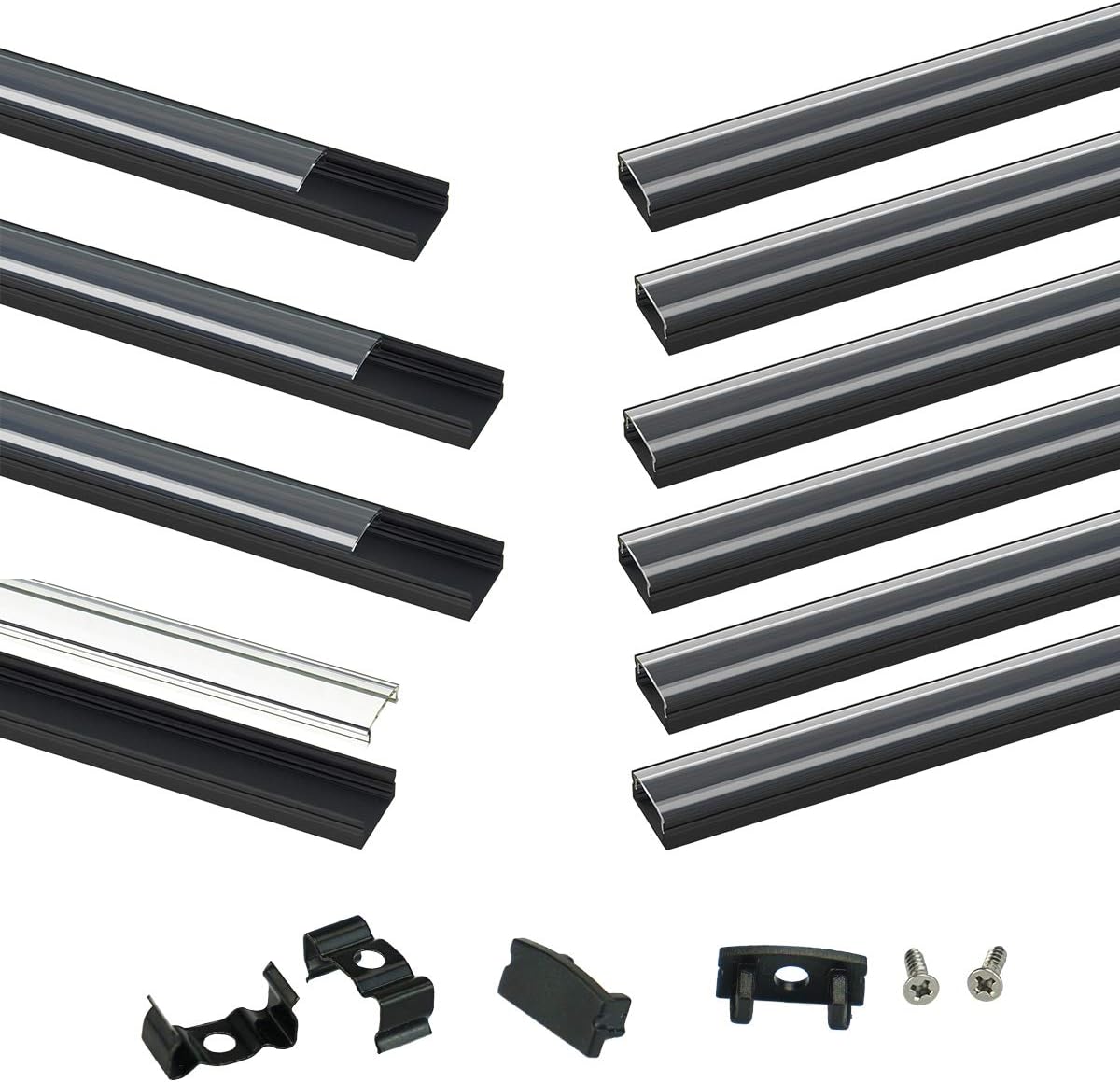 Black LED Channel System with Crystal Transparent Diffuser Clear Cover Lens,Aluminum Extrusion Track Housing Profile for Strip Tape Light with Video,10Pack 3.3ft/1M U Shape U1SW BT 1M,LU1 LH1