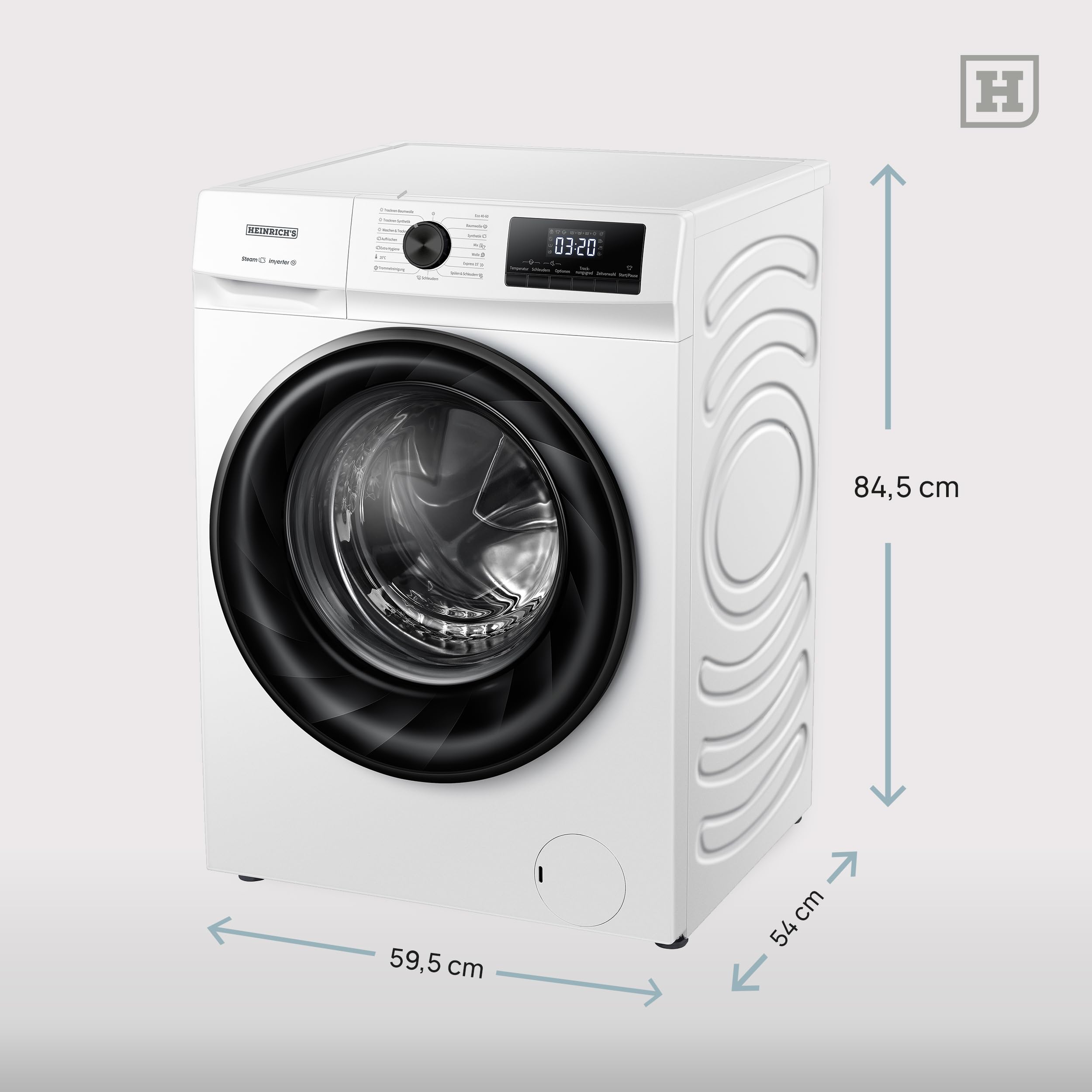 HEINRICHS Waschtrockner, 2in1 Waschtrockner, 8KG Waschen + 5KG Trocknen,1400 U/min, 15 Programme, Express Programm 15 min, Steam-Refresh, AquaStop, Edelstahl-Trommel, mit Kindersicherung, Effizient
