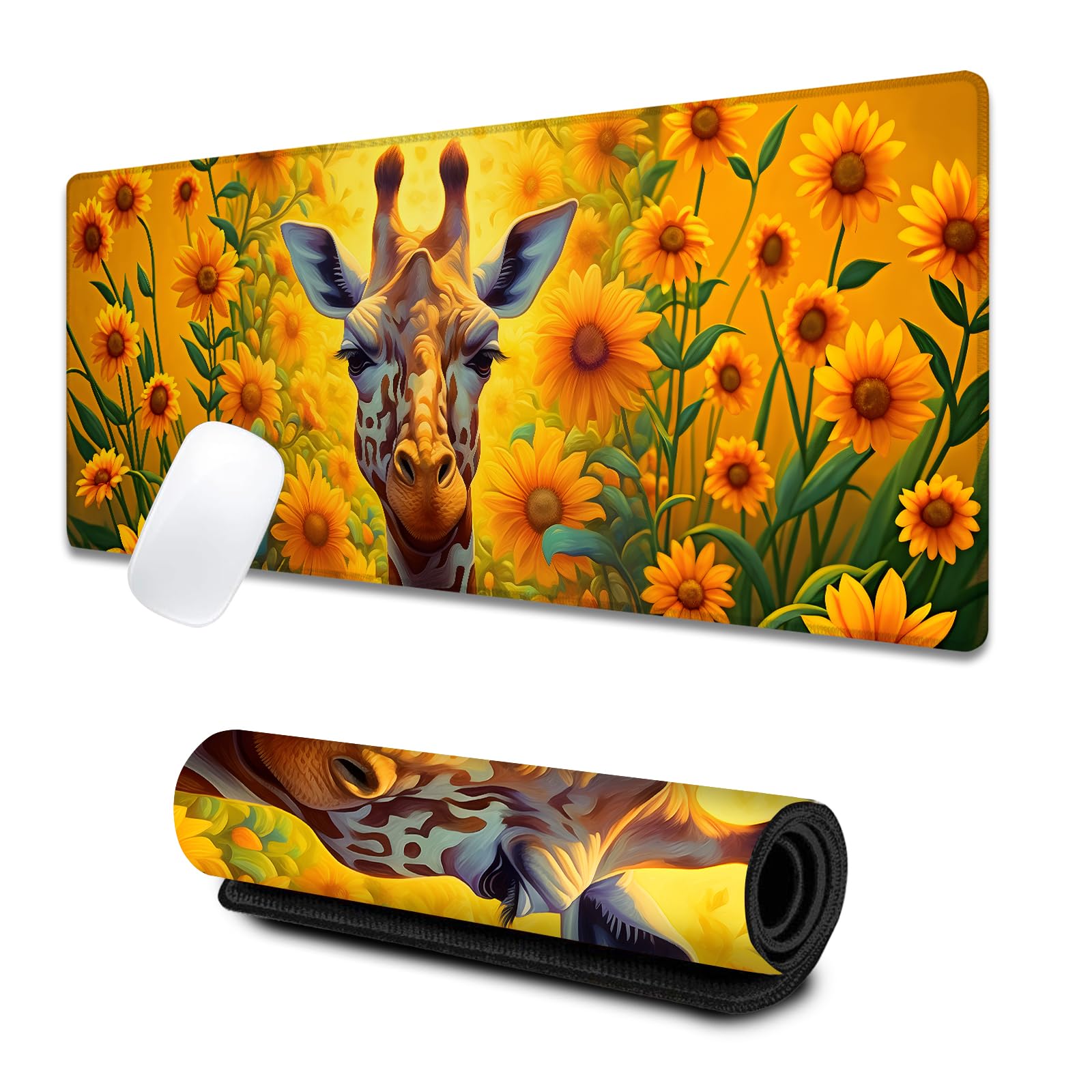 VODRM Cute Giraffe Large Gaming Desk Mat,Rubber Non-Slip Sunflower Mouse Pad,31.5x11.8x0.12in Extended Flower Yellow Mousepad,Animal Lover Mice Pads