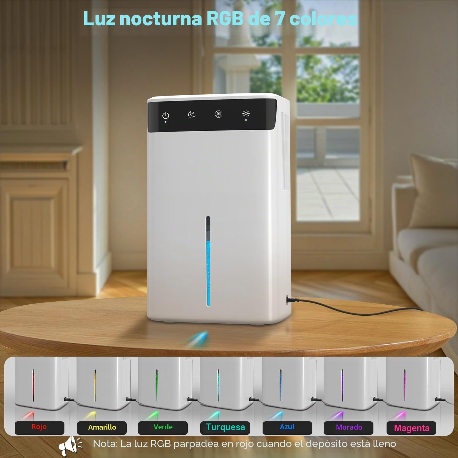 Deshumidificador Eléctrico 2.6L, Silencioso para Hogar, Sótano, Baño y Dormitorio hasta 32 m², con Luz RGB, Apagado Automático y Modo Noche, Bajo Consumo