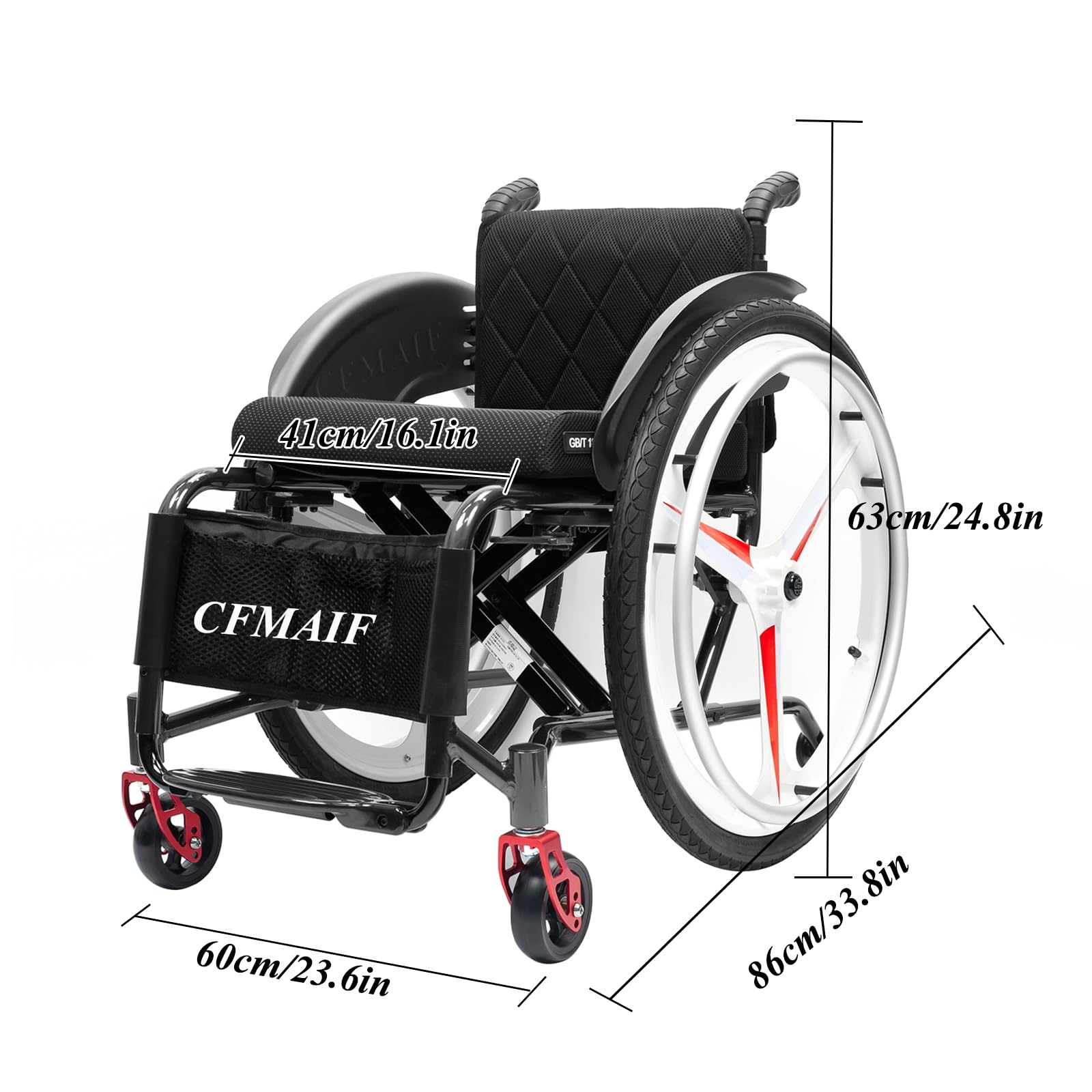 Silla de Ruedas de Transporte de Aluminio, Silla de Ruedas Plegable, Autopropulsable, Frenos de Mano, para Deportes(41cm/16.1in Seat,Black)