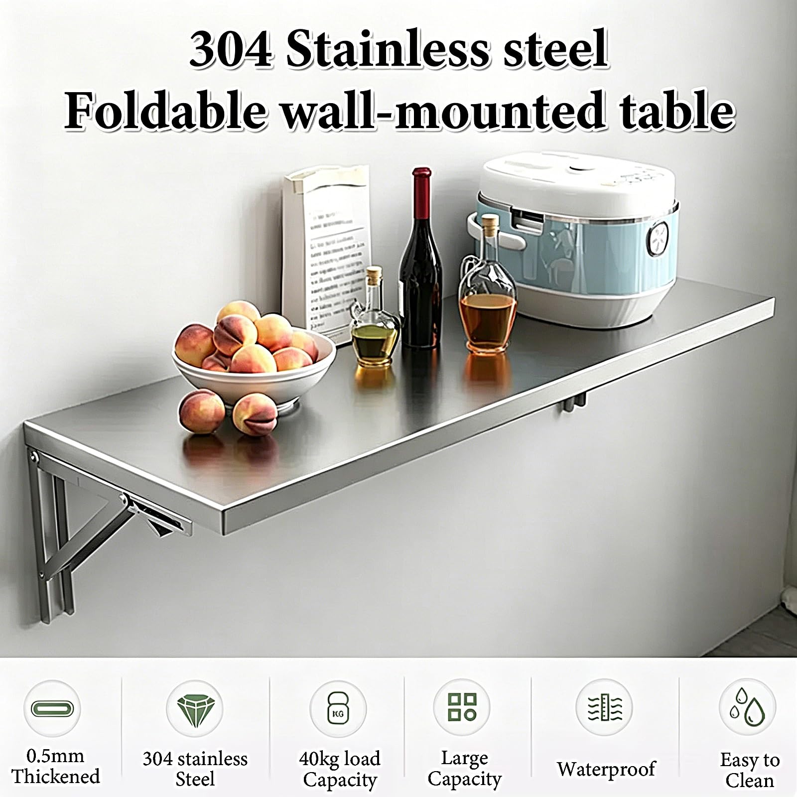 Mesa Plegable Pared con 2 Soportes Escritorio Plegable Pared Acero Inoxidable 304 (Espesor de 0,5mm) Capacidad de Carga de 40kg Mesa Abatible para Cocina Balcón Baño(60x40cm/23.6x15.7in)