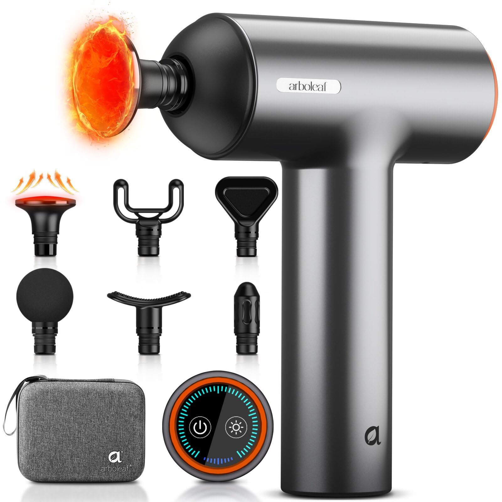 arboleaf Massagepistole Tiefengewebe mit Wärmefunktion, Massage Gun LED-Touchscreen mit 5 Massagestufen, 3 Wärmestufen & 6 Massageköpfen, Muskel Massagegerät 10mm Amplitude USB-C für Entspannung