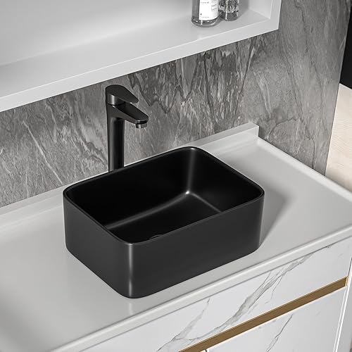 Miniatura 12 de Fregadero de baño de 19 x 15 pulgadas con grifo y desagüe desplegable – Porcelana negra mate rectangular sobre mostrador moderno lavabo de arte