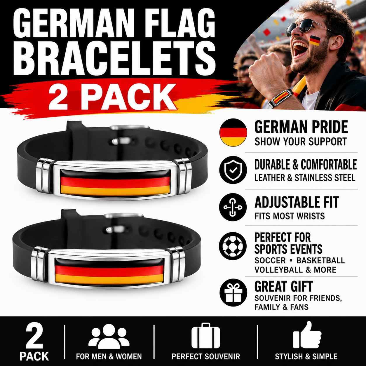 Confezione da 2 braccialetti con bandiera tedesca per uomini e donne, braccialetti regolabili in silicone, accessori per tifosi sportivi della Germania, accessori per calcio, calcio, basket, pallavolo