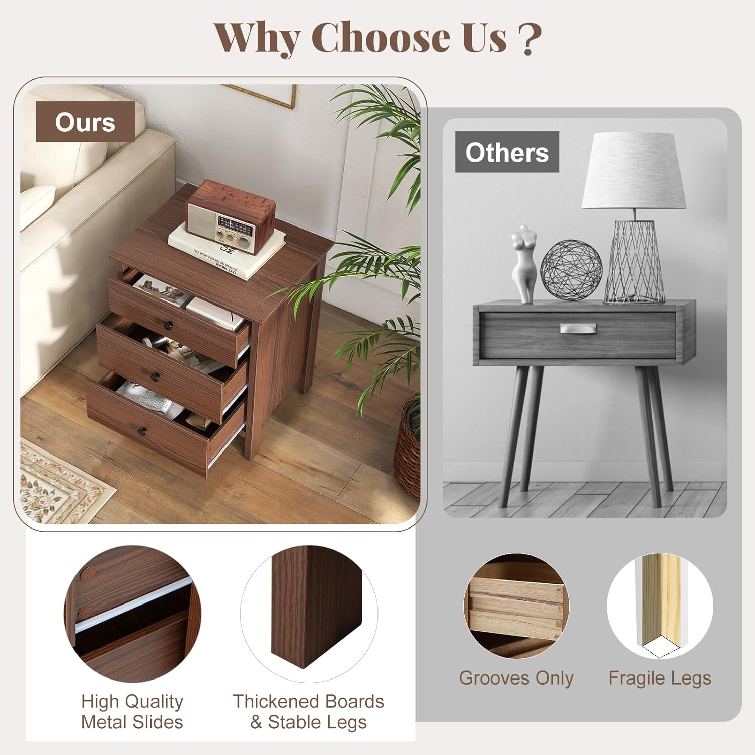 GOFLAME Nightstand with 3 Drawers, Modern Sofa Side Table with Storage, Wooden End Table, Compact Storage Cabinet, Small Bedside Table for Bedroom, Walnut